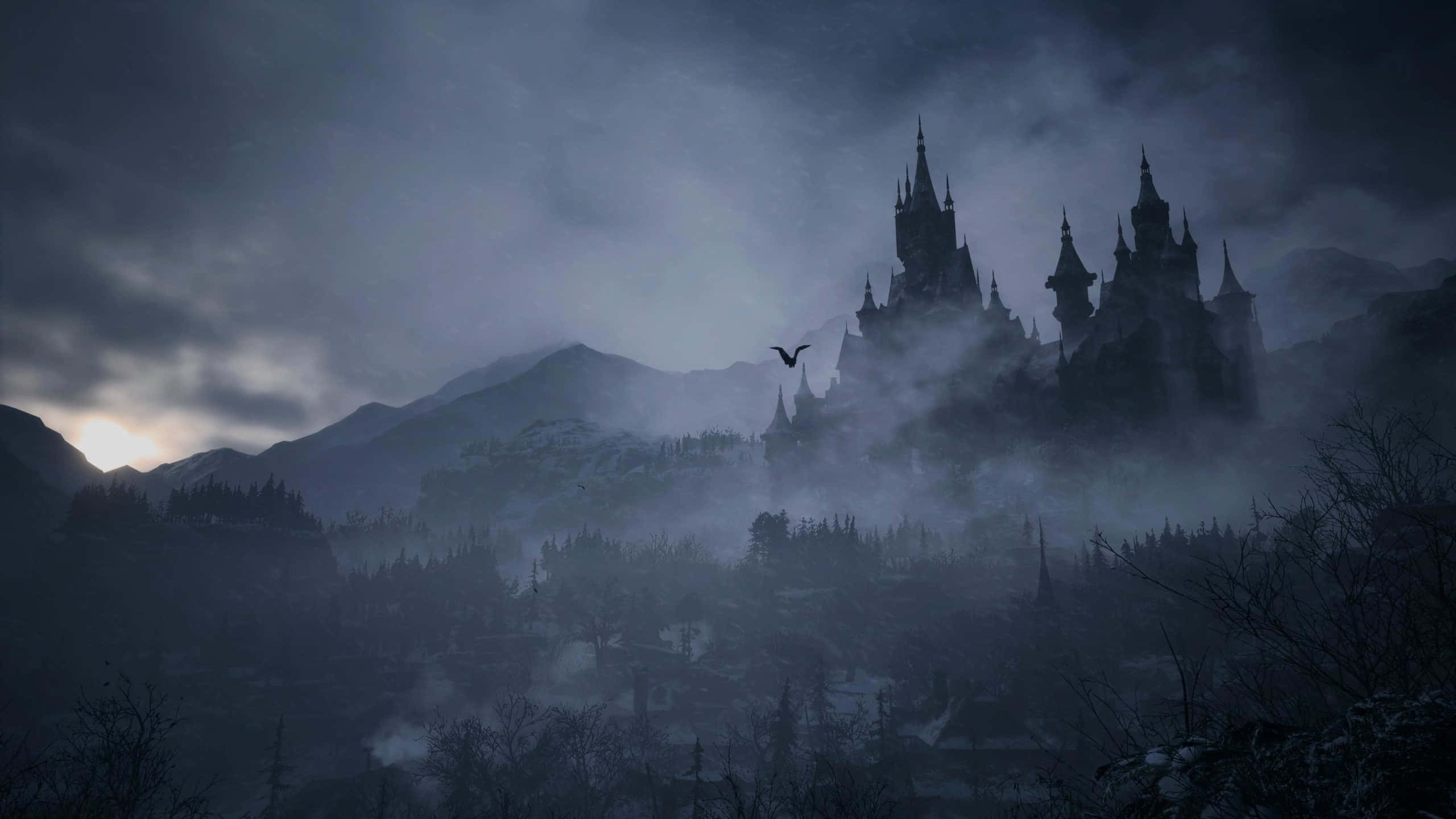 Resident Evil Village, gothic castle, misty mountains, 2K Desktop Wallpaper