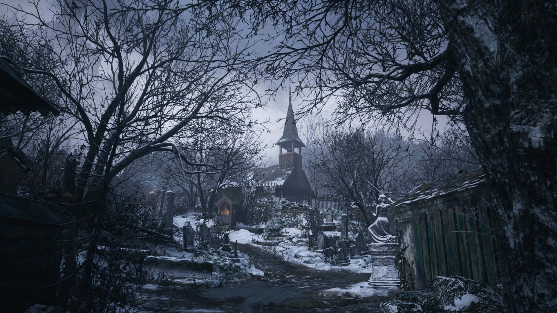 Resident Evil Village, snow-covered graveyard, bare trees, Full HD Desktop Wallpaper