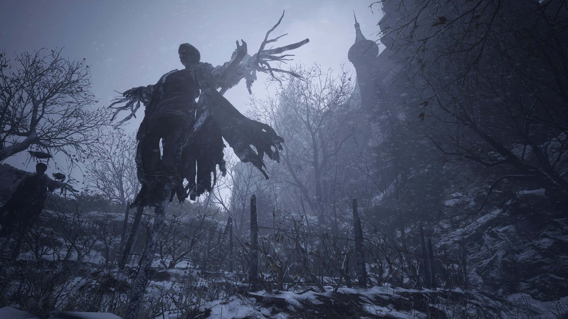 Resident Evil Village, scarecrow, snow-covered forest, Full HD Desktop Wallpaper
