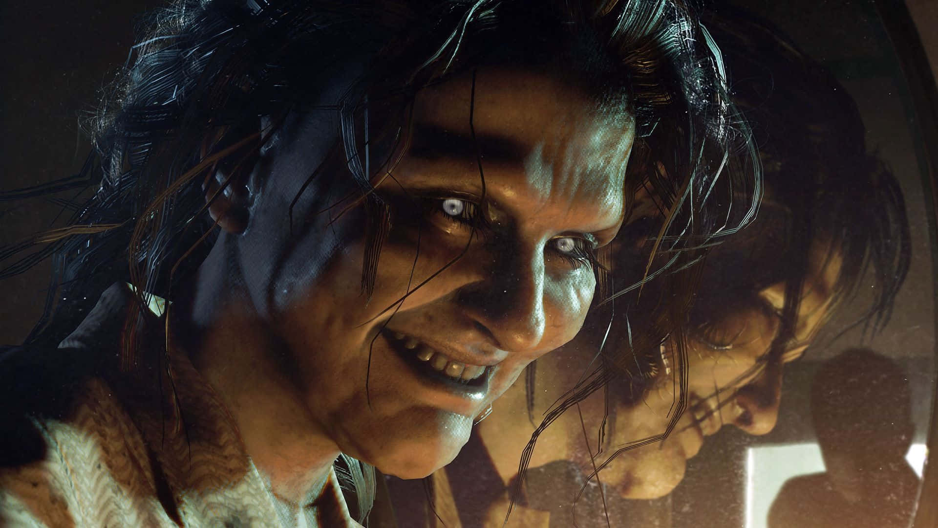 Resident Evil Village, grotesque, smiling face, wet dark hair, Full HD Desktop Wallpaper