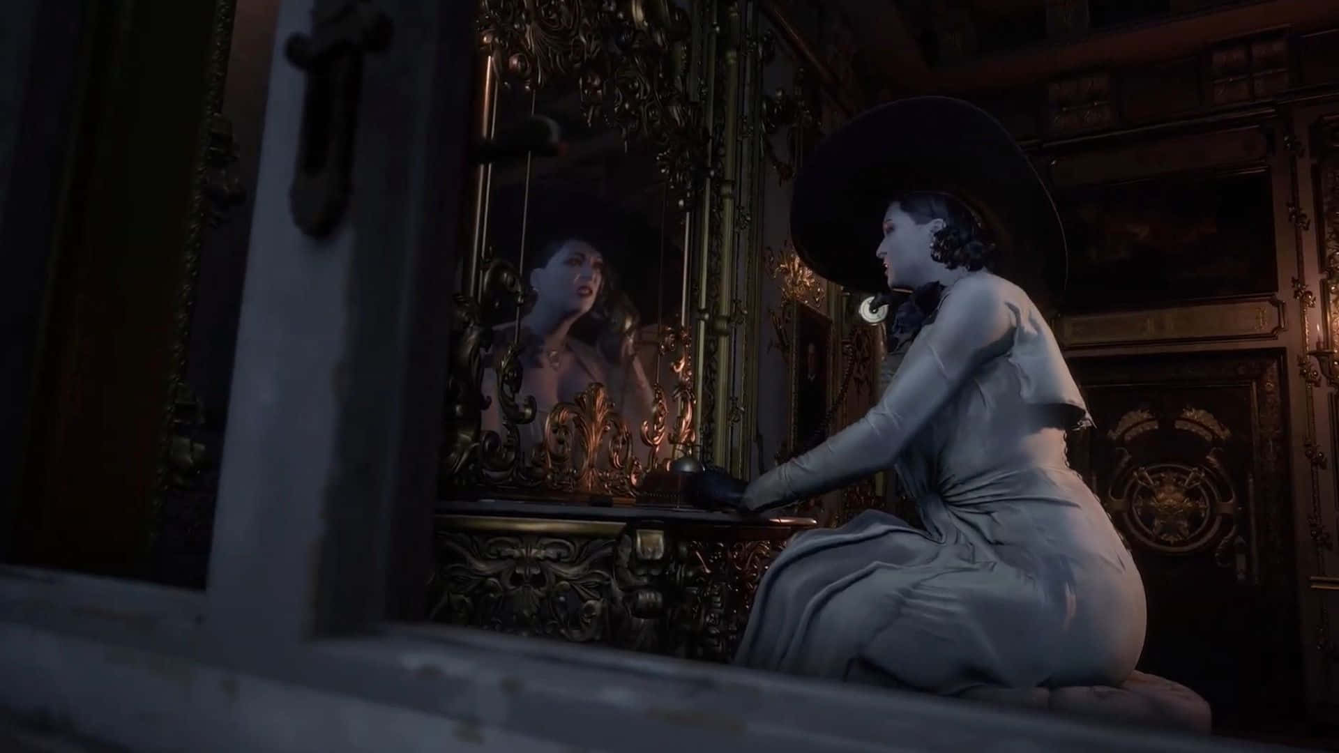 Resident Evil Village, wide-brimmed hat, ornate mirror, Full HD Desktop Wallpaper
