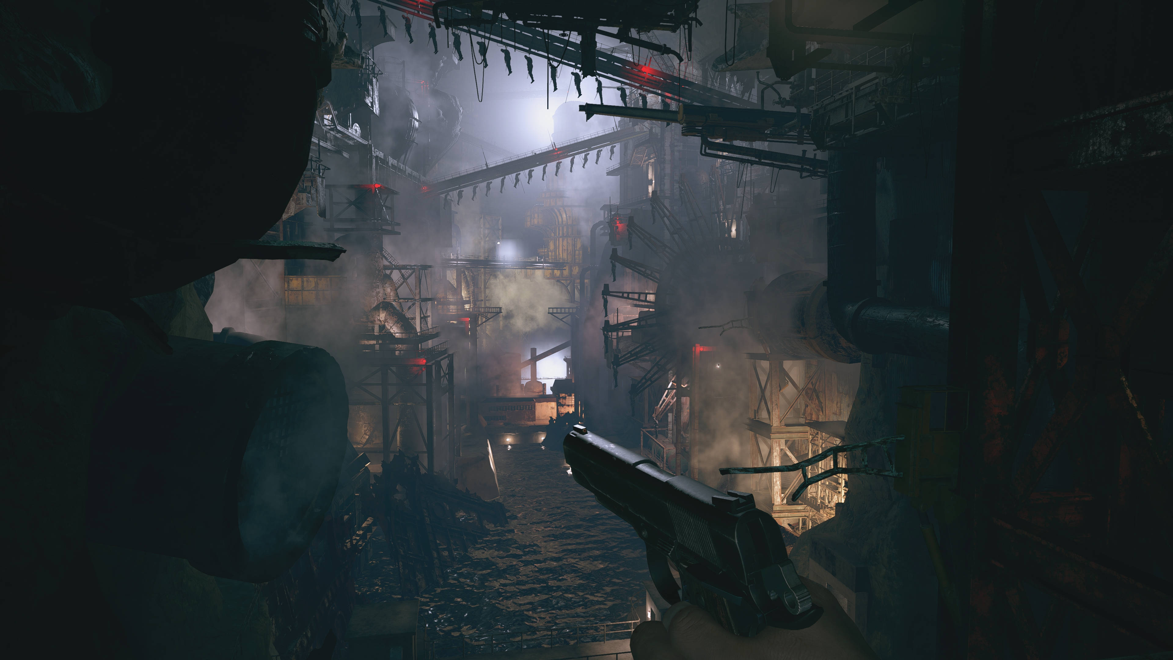 Resident Evil 8: Village, player handgun, gloomy industrial ruin, 4K Desktop Wallpaper