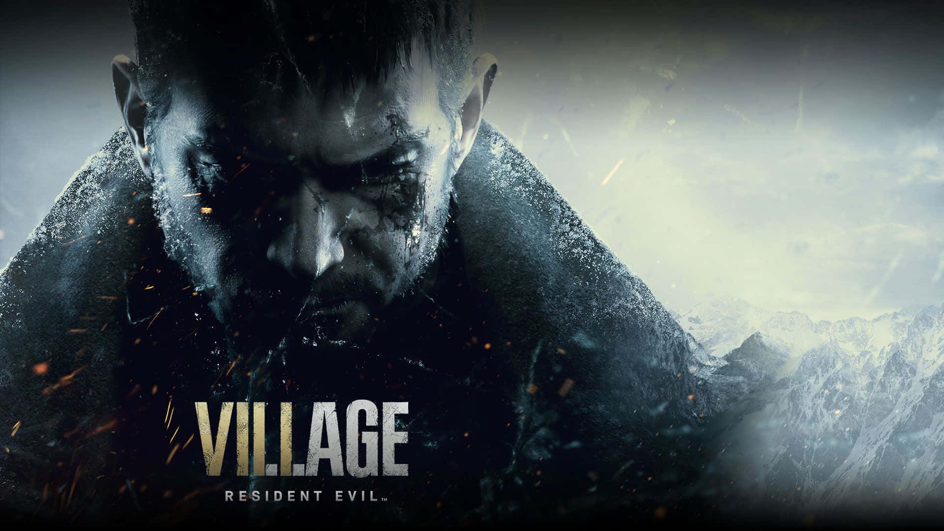 Resident Evil Village, snowy mountain range, stormy sky, Full HD Desktop Wallpaper