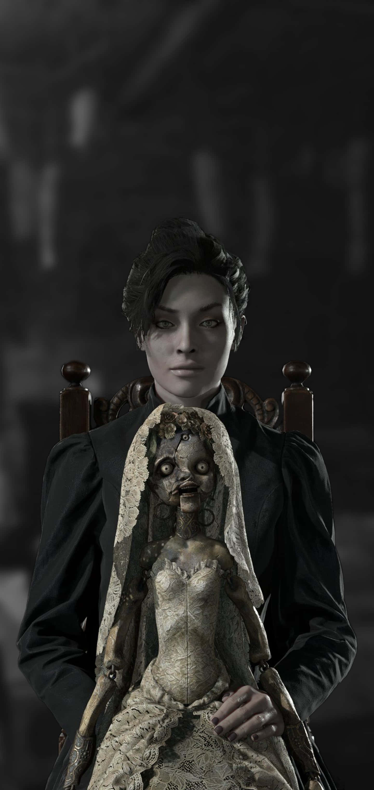 Resident Evil Village, pale woman, black, 2K Phone Wallpaper