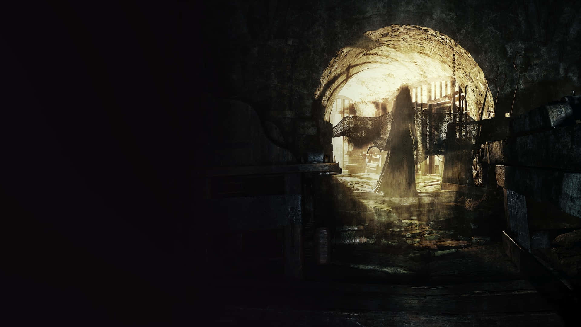 Resident Evil Village, ghostly figure, stone archway, Full HD Desktop Wallpaper
