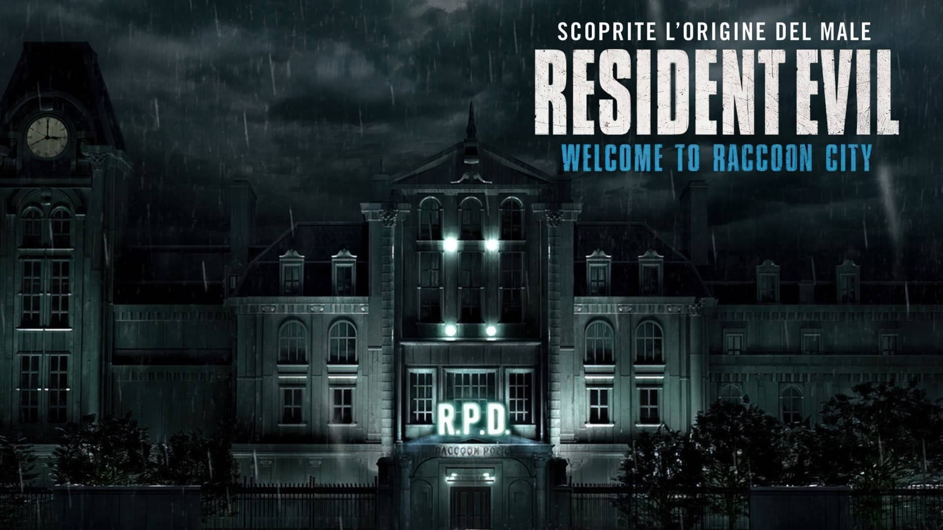 Resident Evil Welcome to Raccoon City, R.P.D., stormy night sky, Full HD Desktop Wallpaper