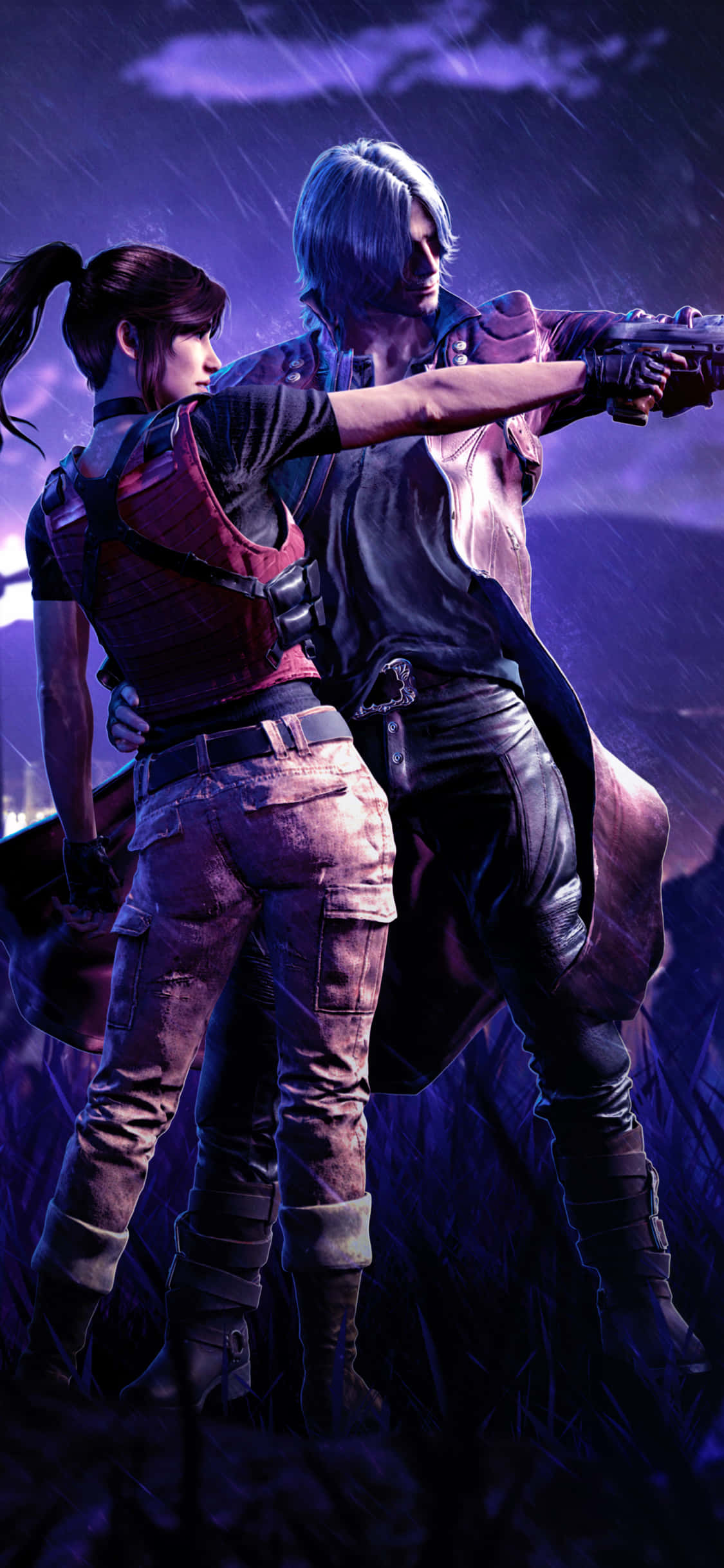 Resident Evil 2, Raccoon City, rainy purple-lit scene, Full HD Phone Wallpaper
