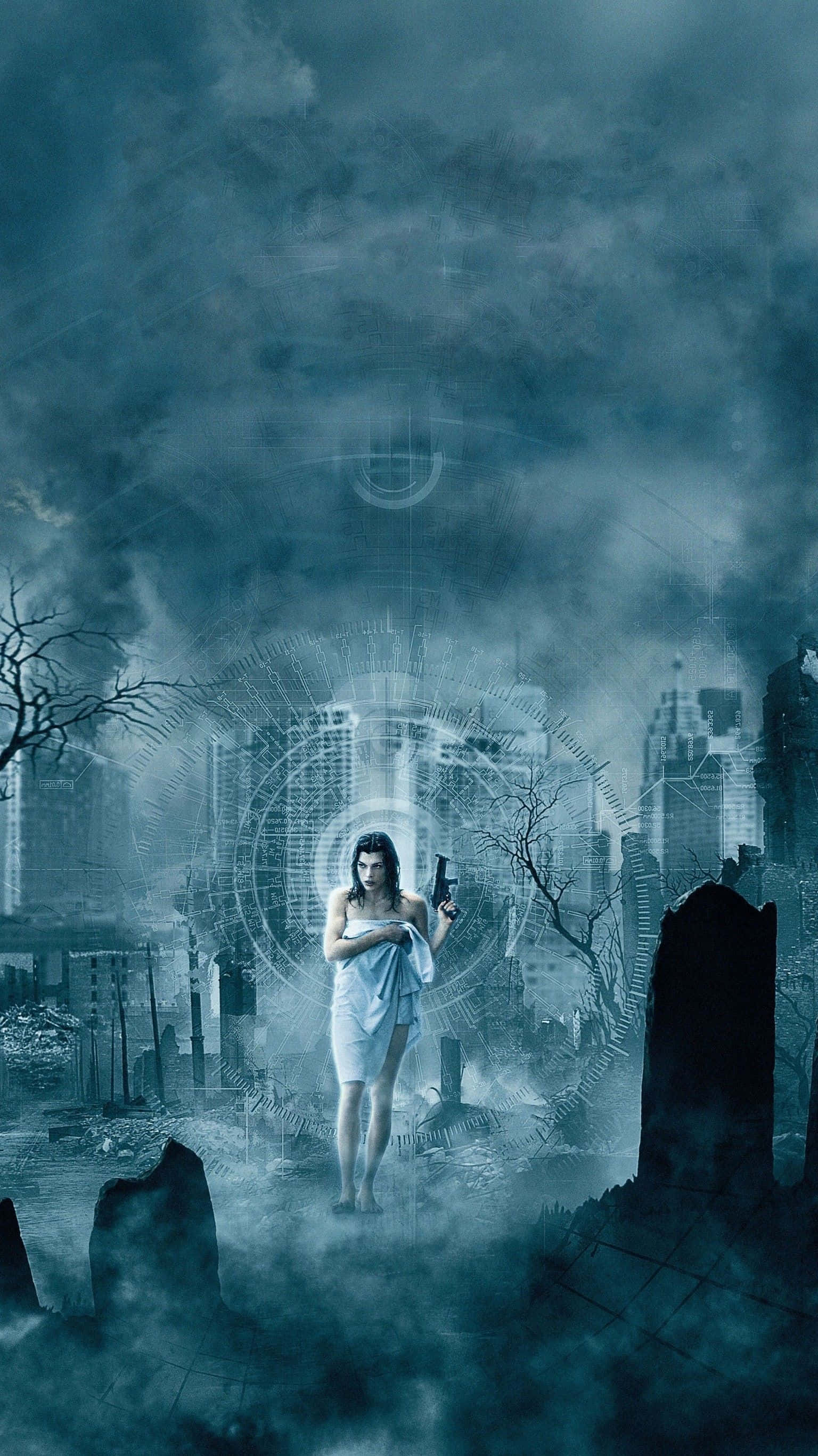 Resident Evil 2, Raccoon City, stormy teal sky, 2K Phone Wallpaper