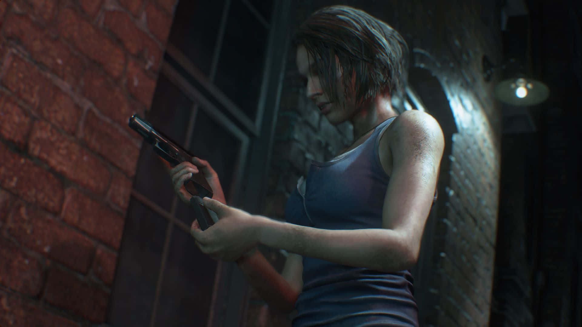 Raccoon City, woman with short dark hair, handgun, Full HD Desktop Wallpaper