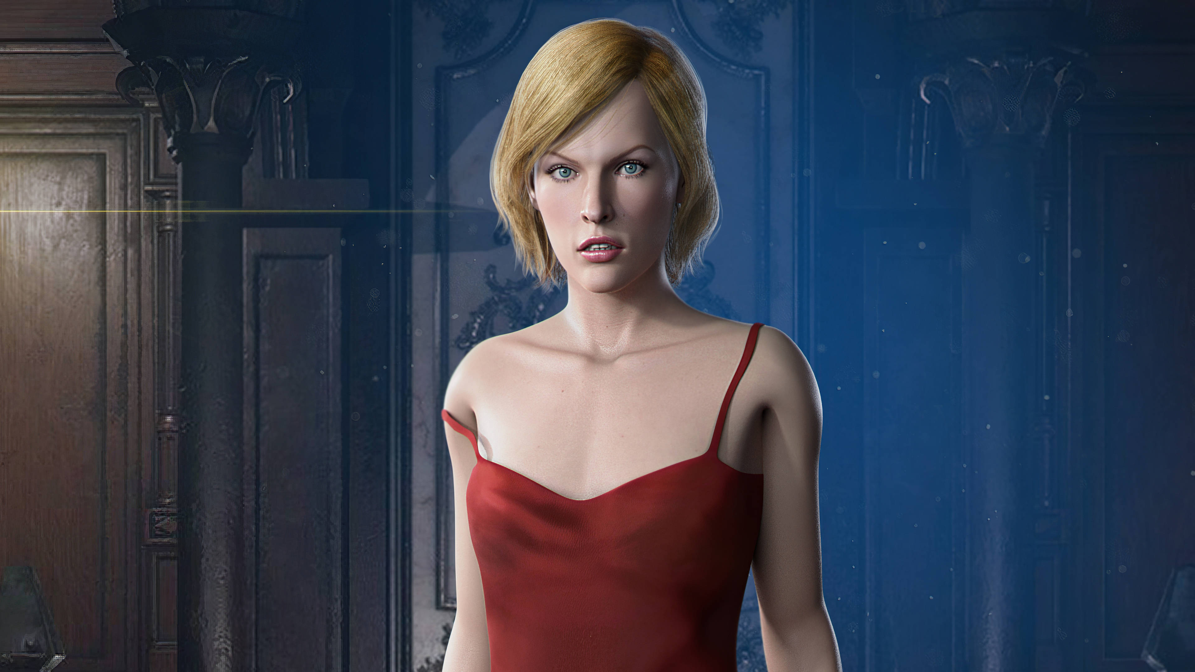 Resident Evil, blonde woman, red dress, 4K Desktop Wallpaper