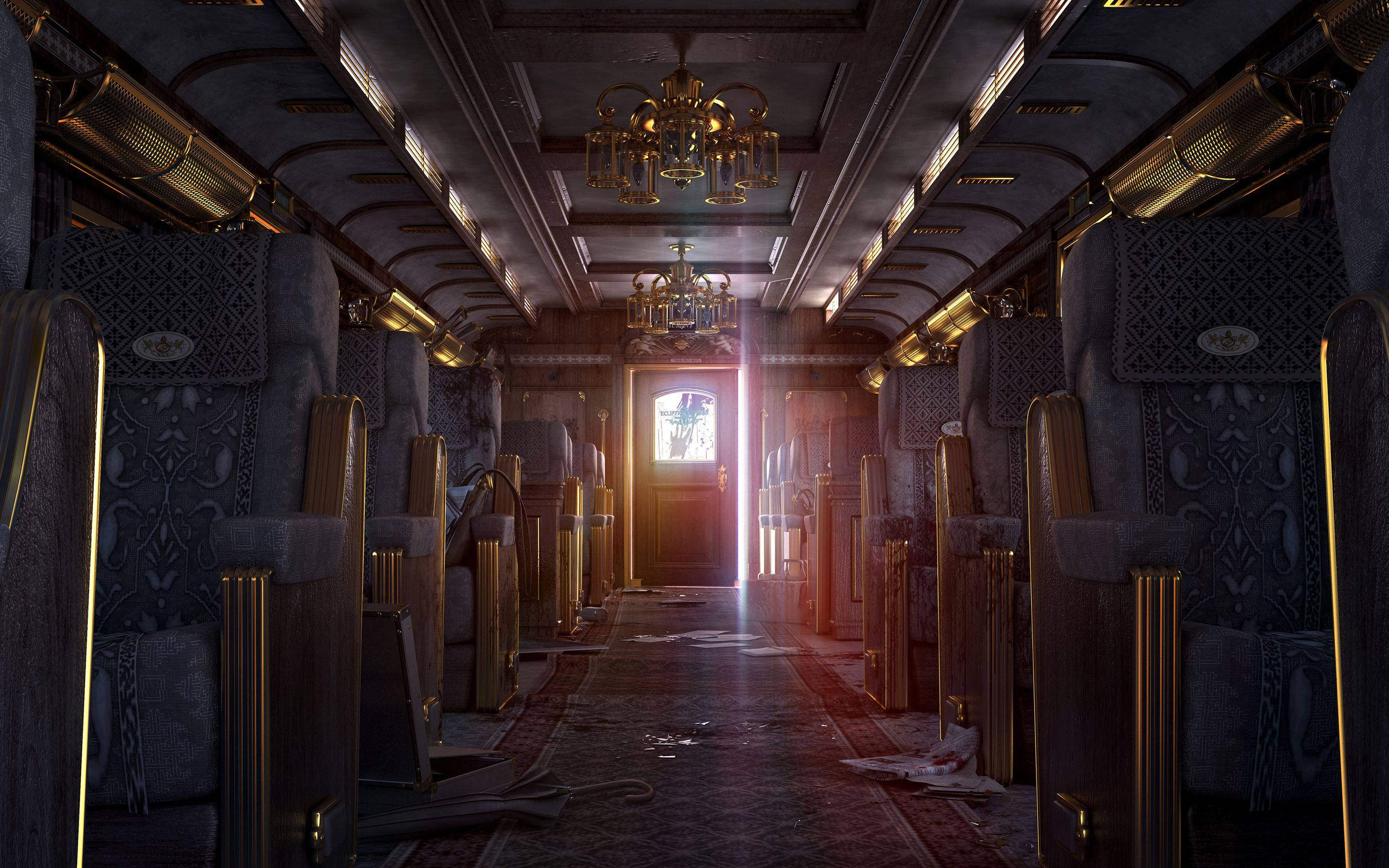 Resident Evil, luxury train car, ornate seats, 2K Desktop Wallpaper