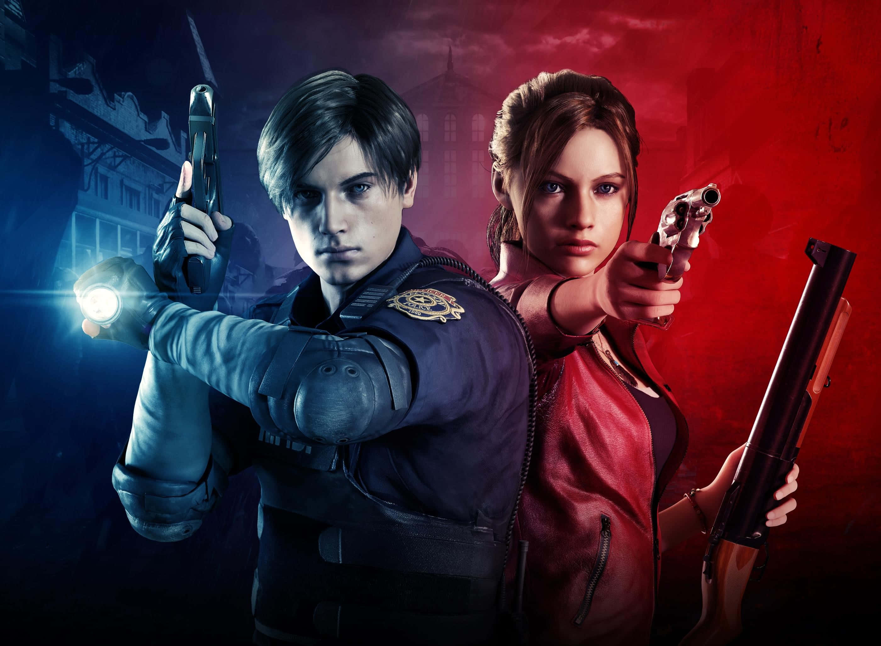 Resident Evil, blue and red shade, dark urban setting, 2K Desktop Wallpaper