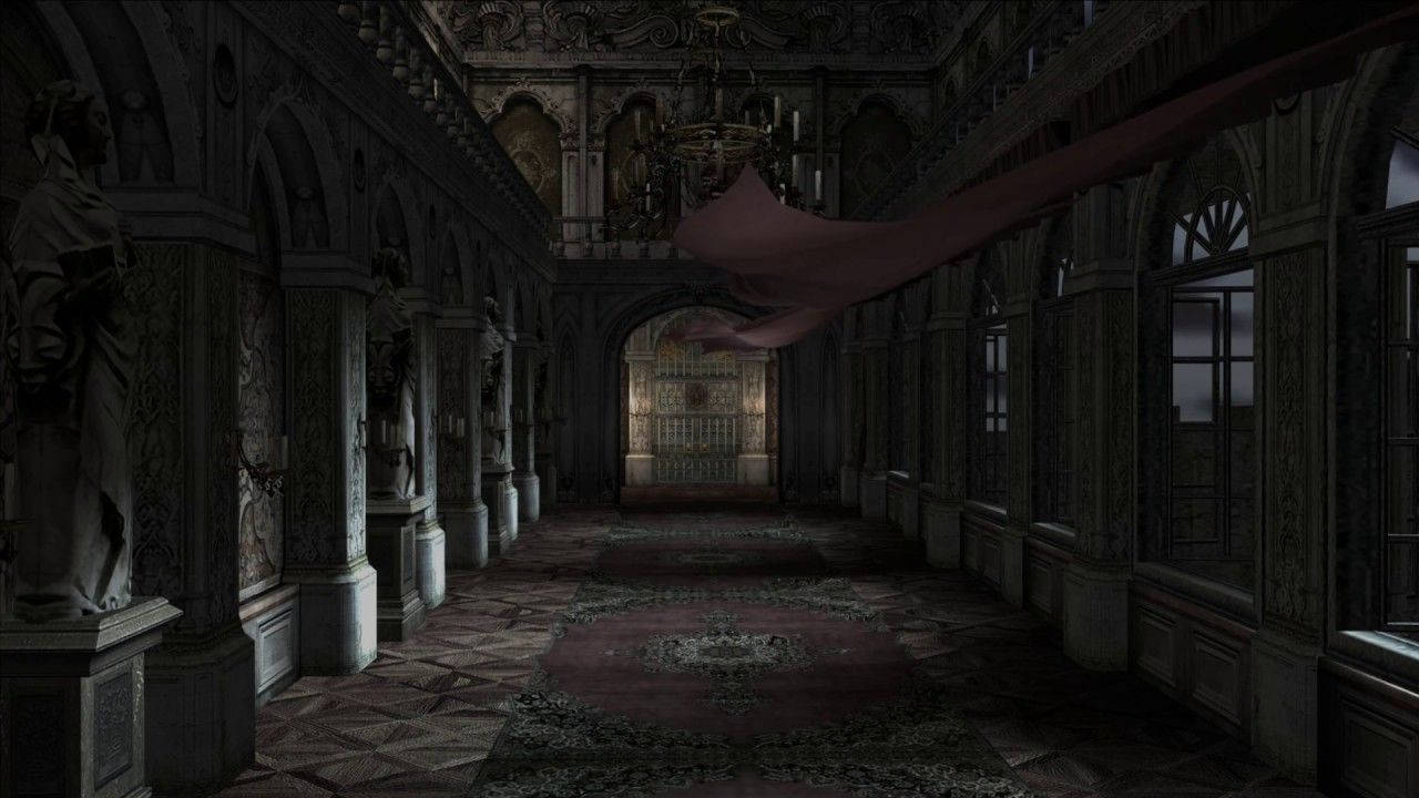 Resident Evil, hallway, red curtain, HD Desktop Wallpaper