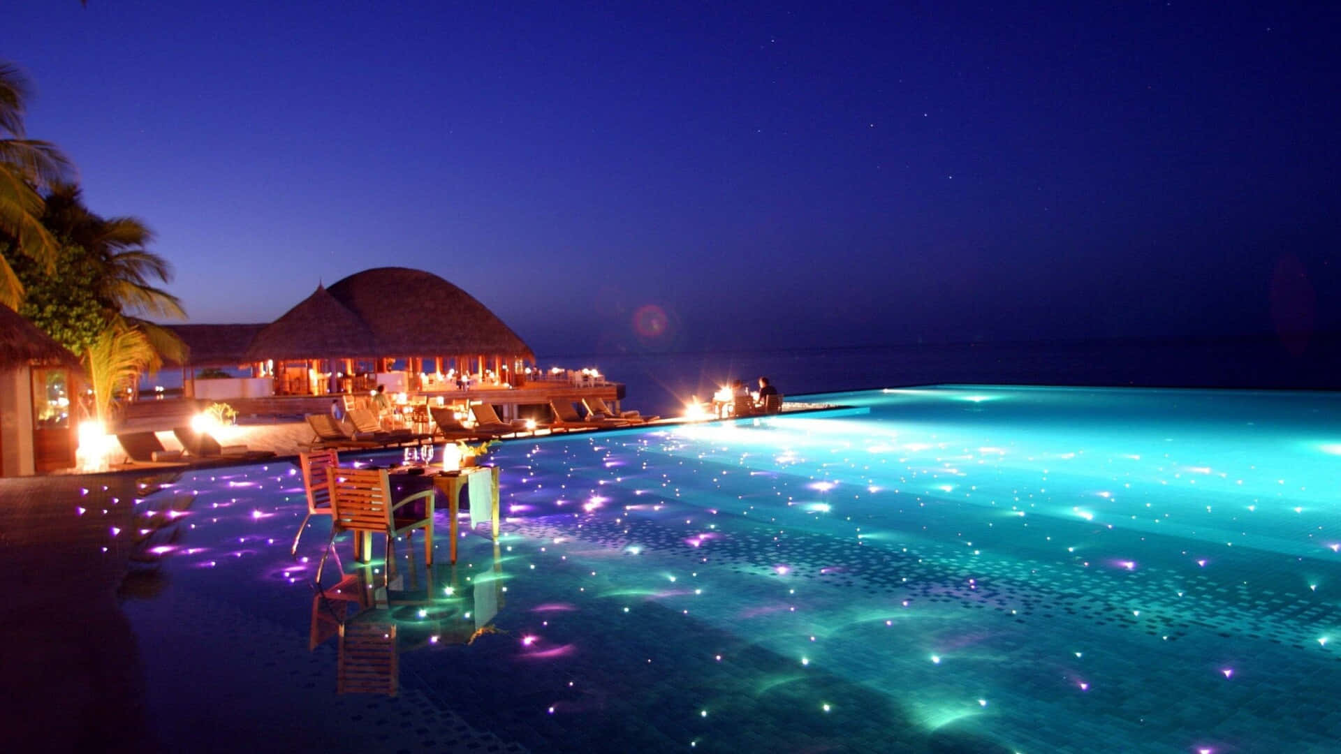 infinity pool, starry sky, thatched-roof villa, Full HD Desktop Wallpaper