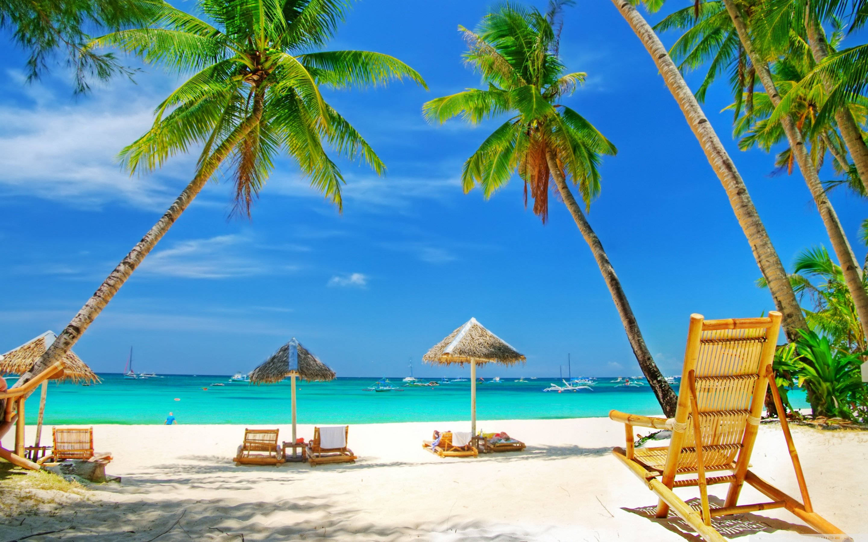 beach, chairs, umbrellas, 2K Desktop Wallpaper