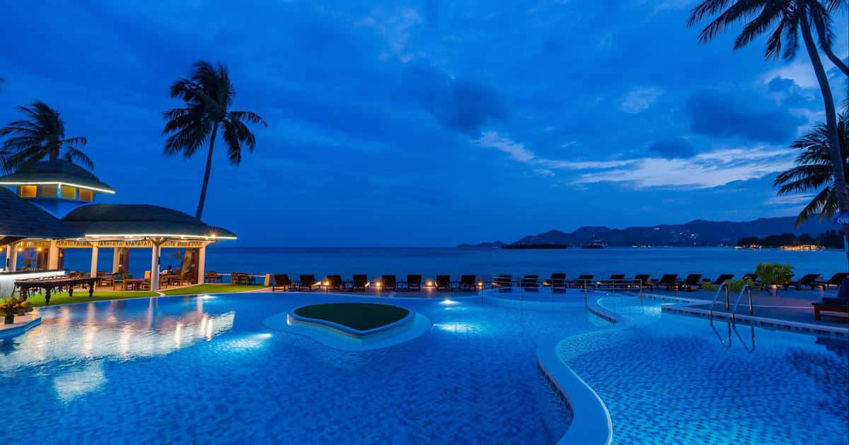 infinity pool, twilight, deep blue sky, SD Desktop Wallpaper