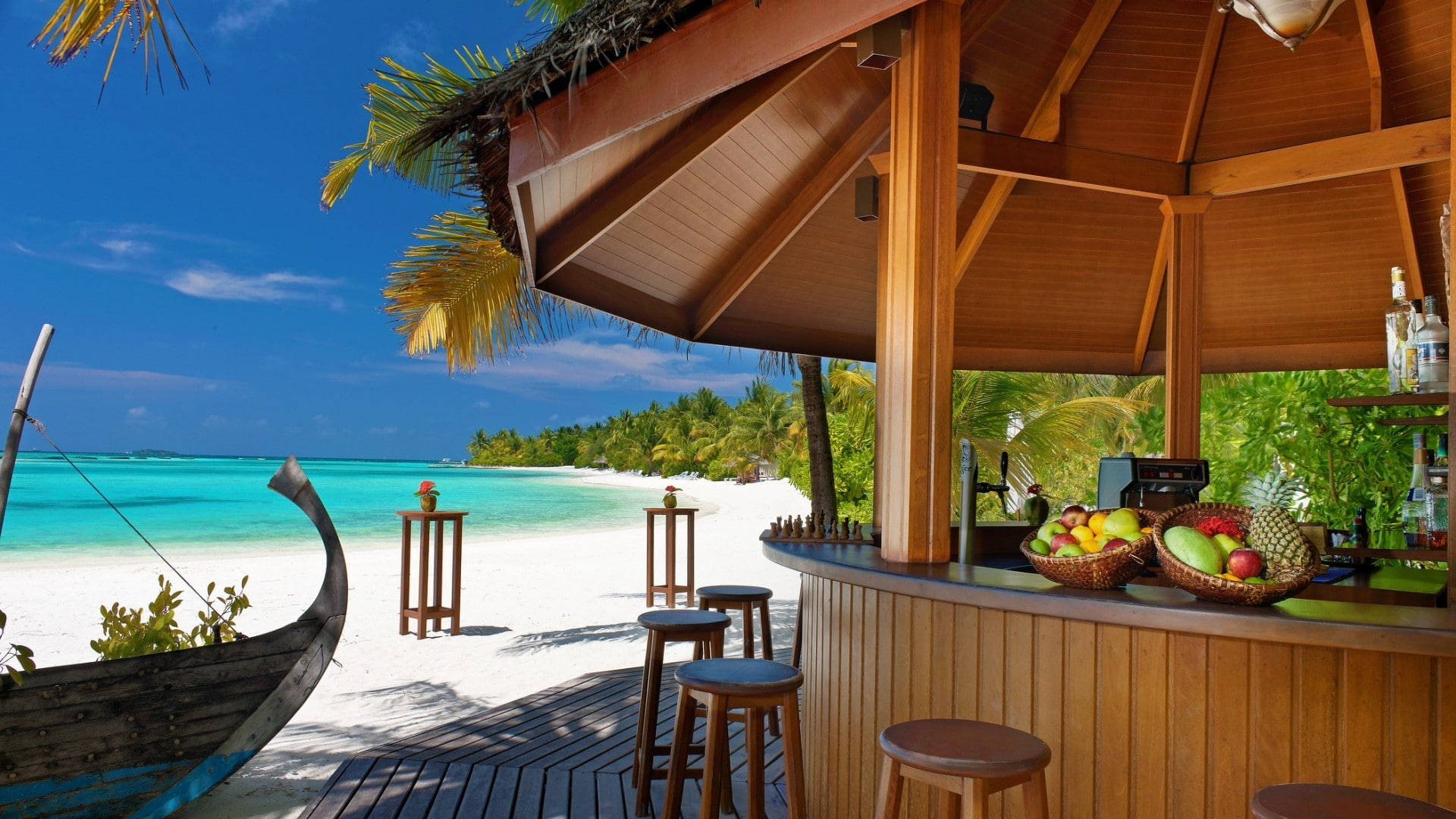 1920x1080 HD, summer beach bar, tropical fruit baskets, Full HD Desktop Wallpaper