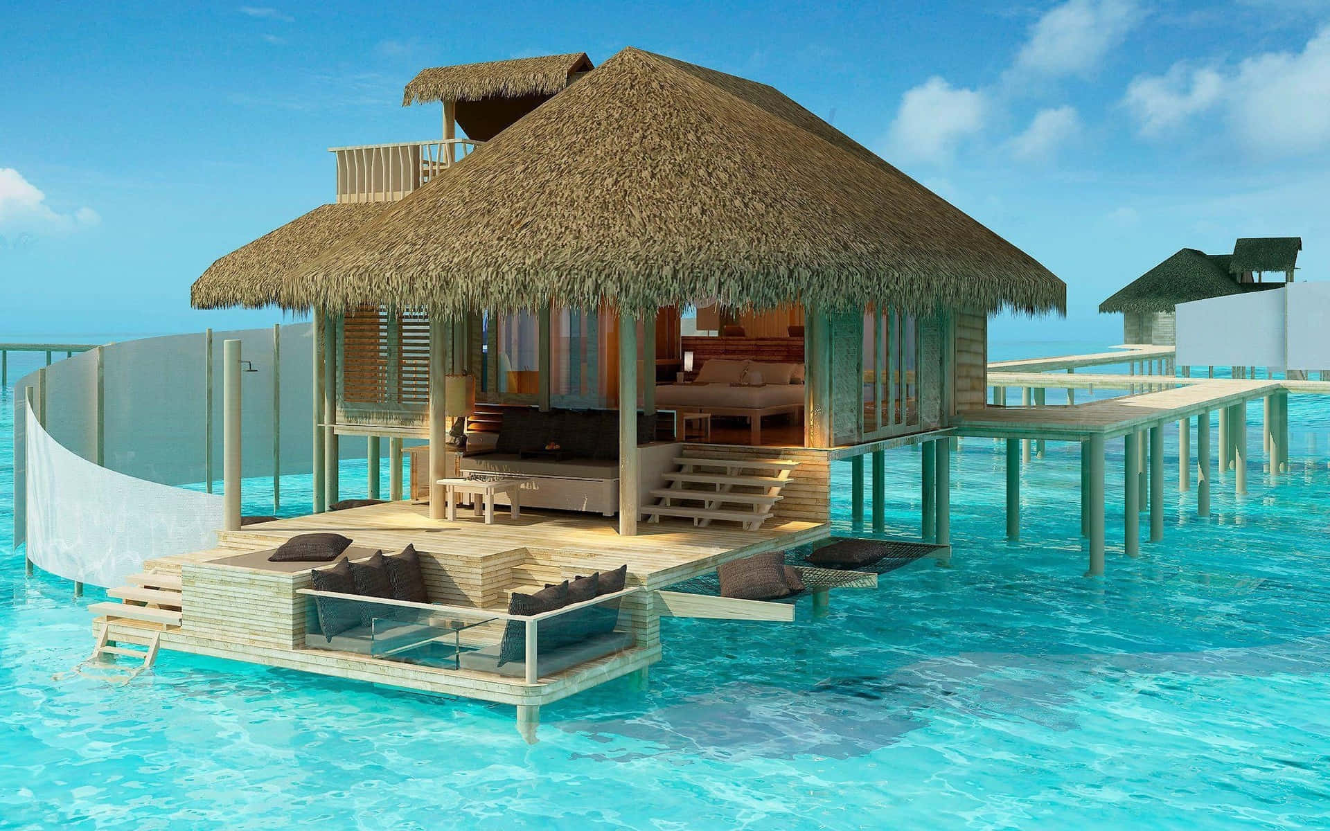 overwater bungalow, thatched roof, glass walls, Full HD Desktop Wallpaper