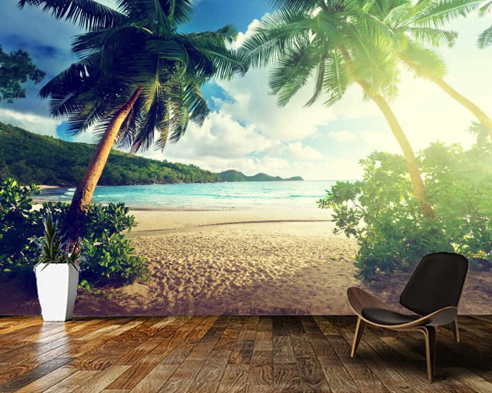 Resort Beach Printed Wall, tropical beach mural, palm trees, SD Desktop Wallpaper