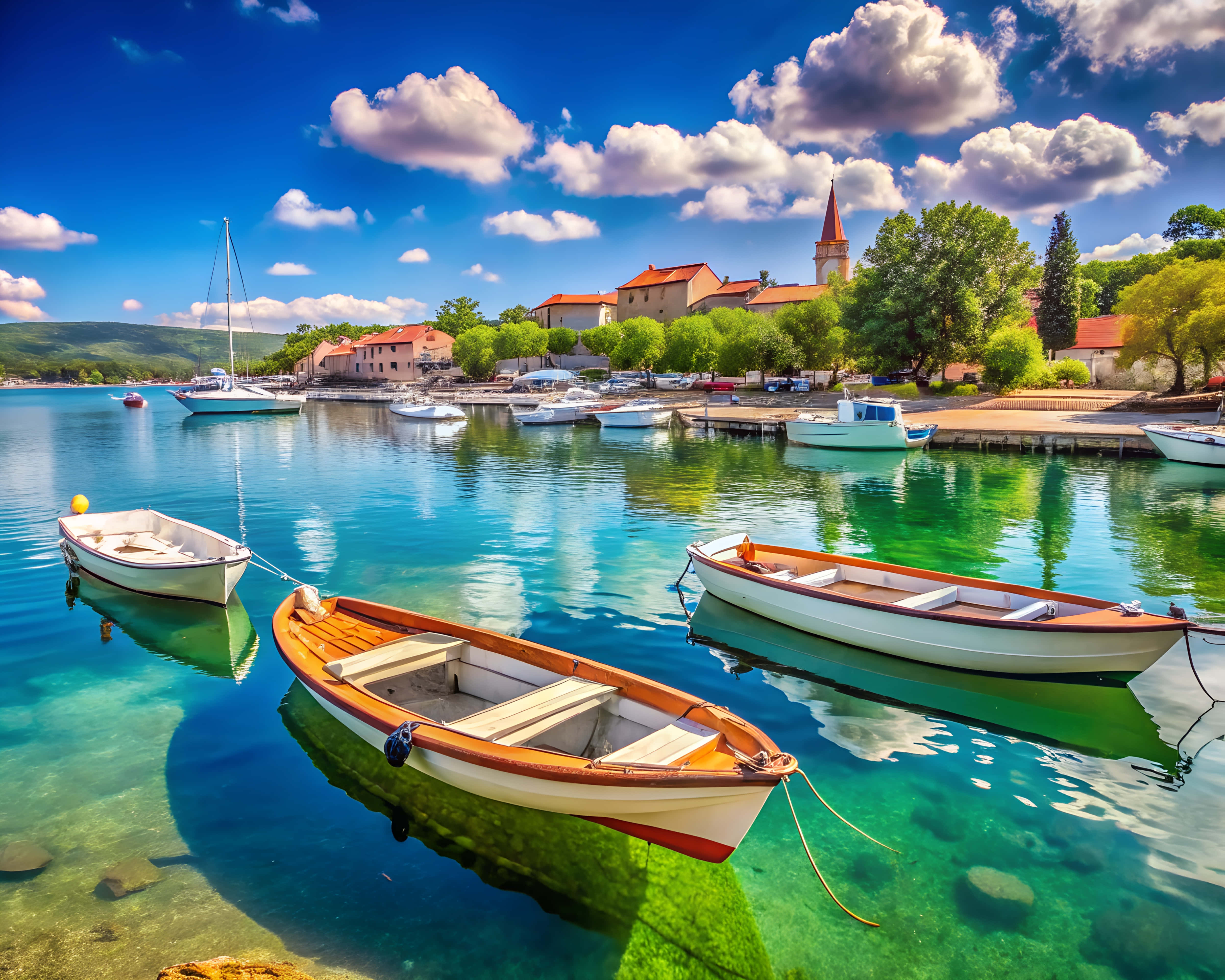 turquoise water, white boats, coastal village, 4K Desktop Wallpaper