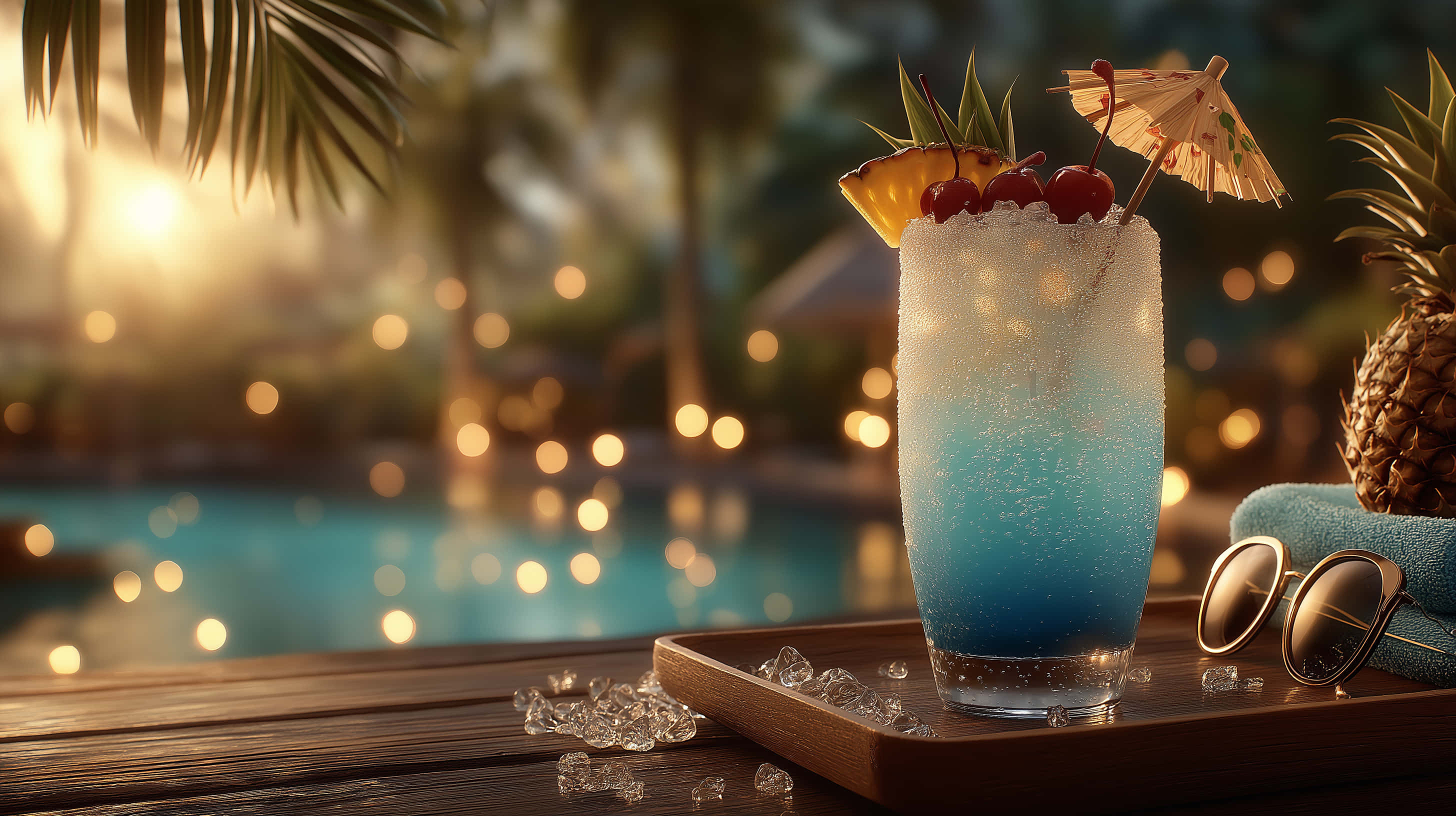 tropical cocktail, sunset, pool, 2K Desktop Wallpaper