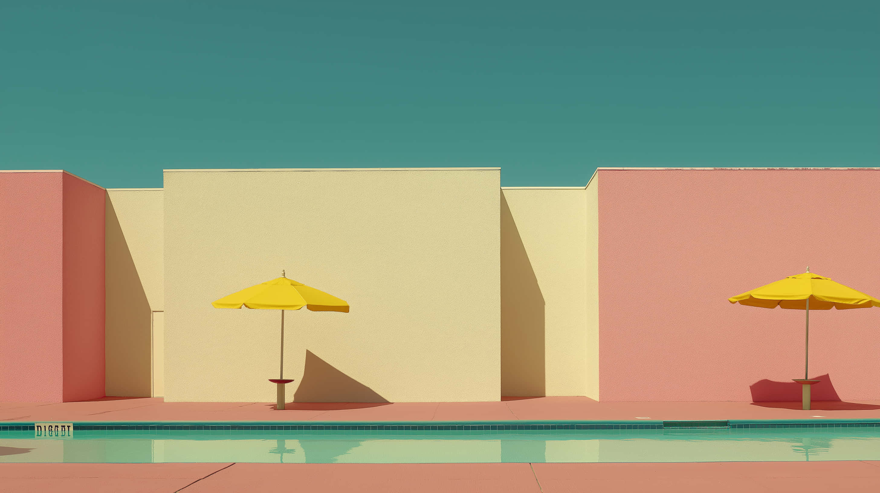minimalist pool, yellow umbrellas, pastel pink and beige walls, 2K Desktop Wallpaper