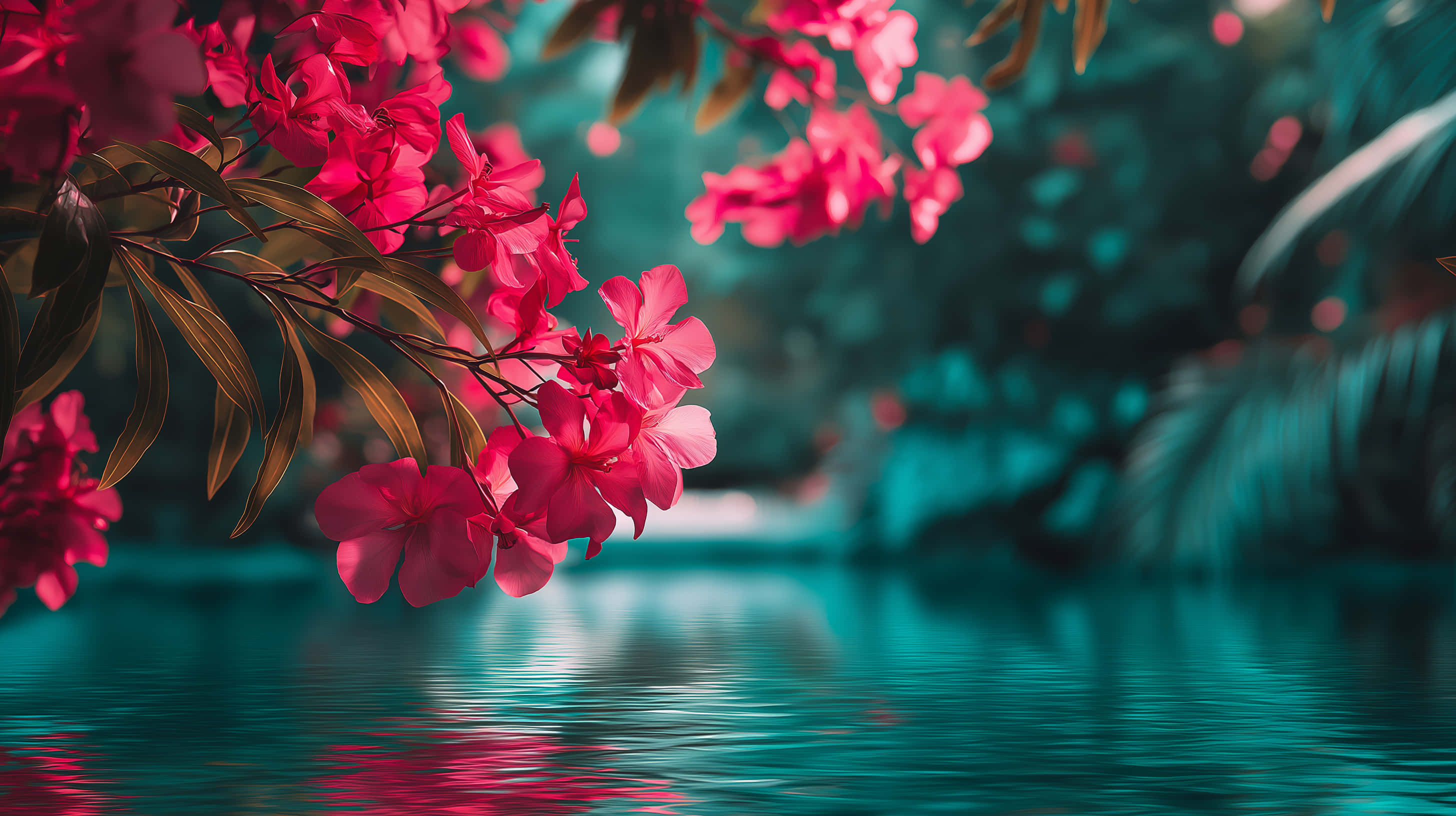 vibrant pink flowers, calm turquoise pool, vivid hues, 2K Desktop Wallpaper