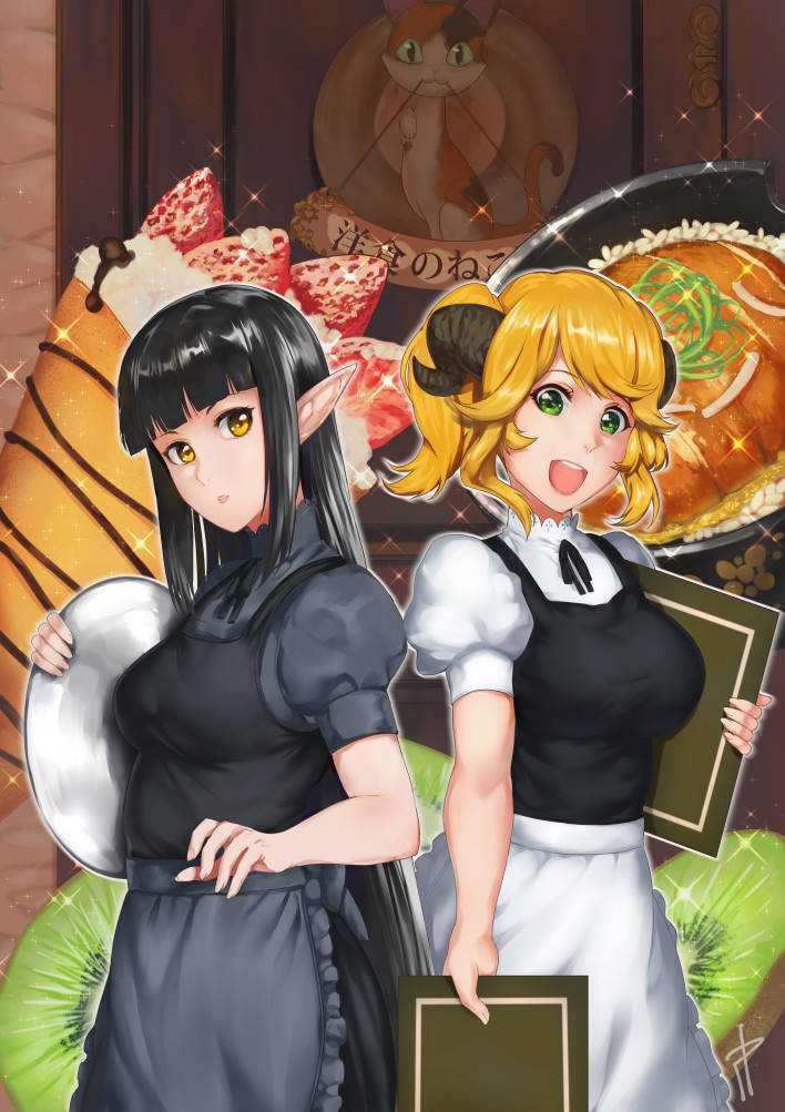 Anime Restaurant To Another World, black and white uniforms, oversized plates of sushi and dessert, SD Phone Wallpaper