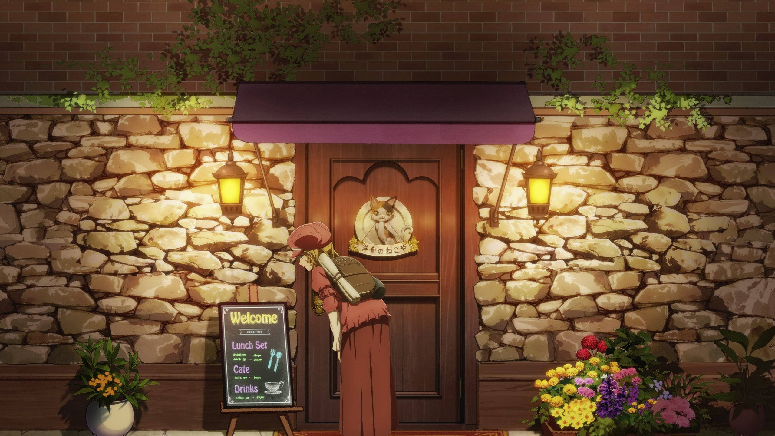 Restaurant to another world, stone-walled cafe entrance, dusk, 2K Desktop Wallpaper