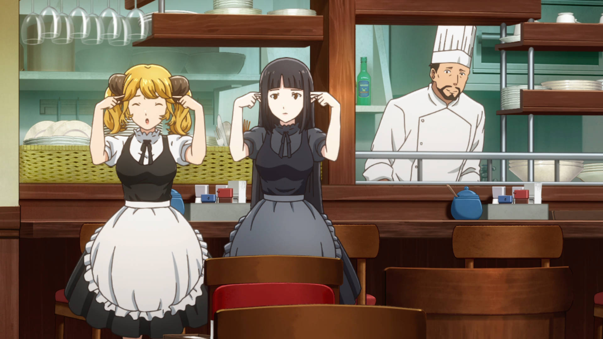 Restaurant to another world, anime maids, black and white uniforms, Full HD Desktop Wallpaper