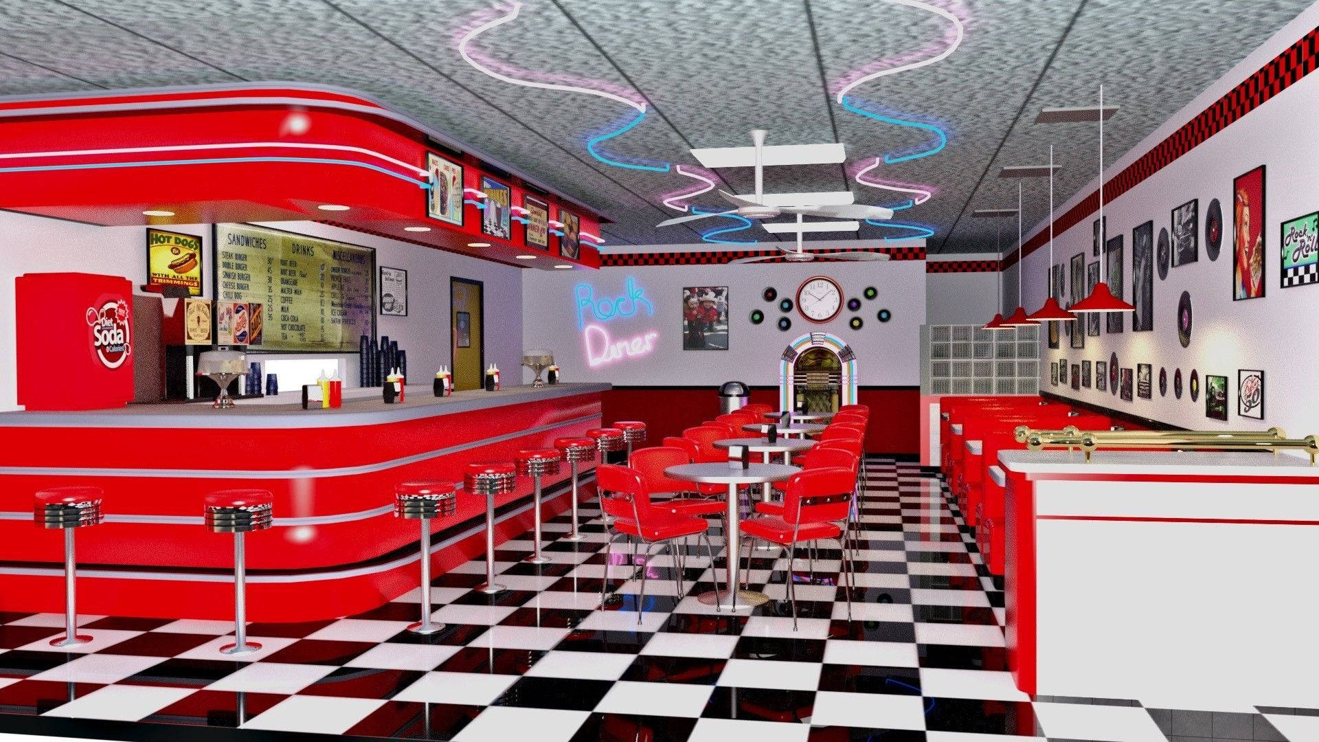 1950s diner, red booths, checkered floors, Full HD Desktop Wallpaper