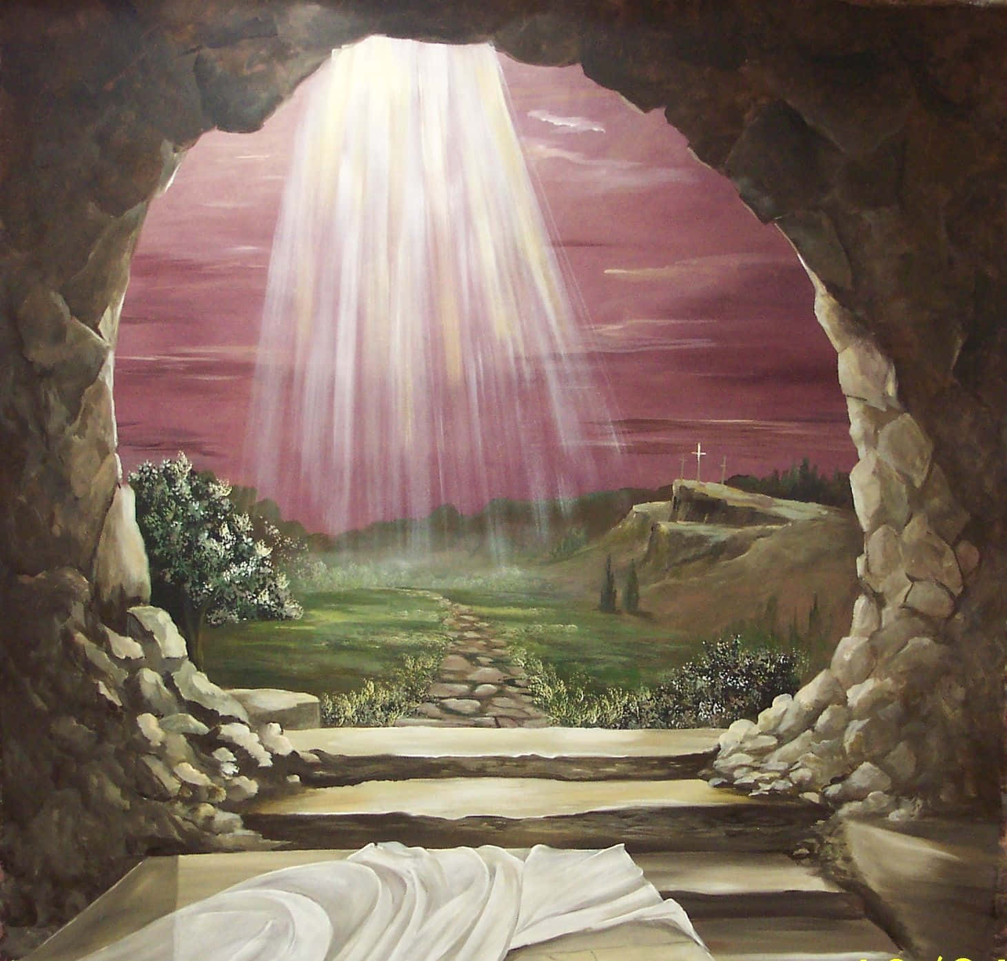 empty tomb, cave opening, stone path, HD Desktop Wallpaper