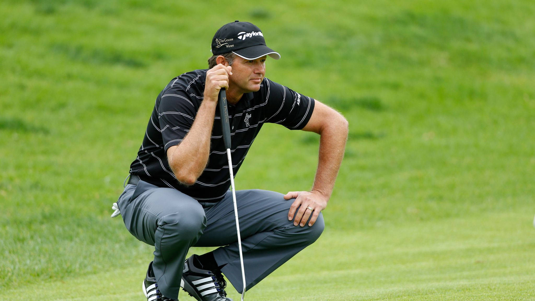 Retief Goosen, squat position, lush green fairway, Full HD Desktop Wallpaper