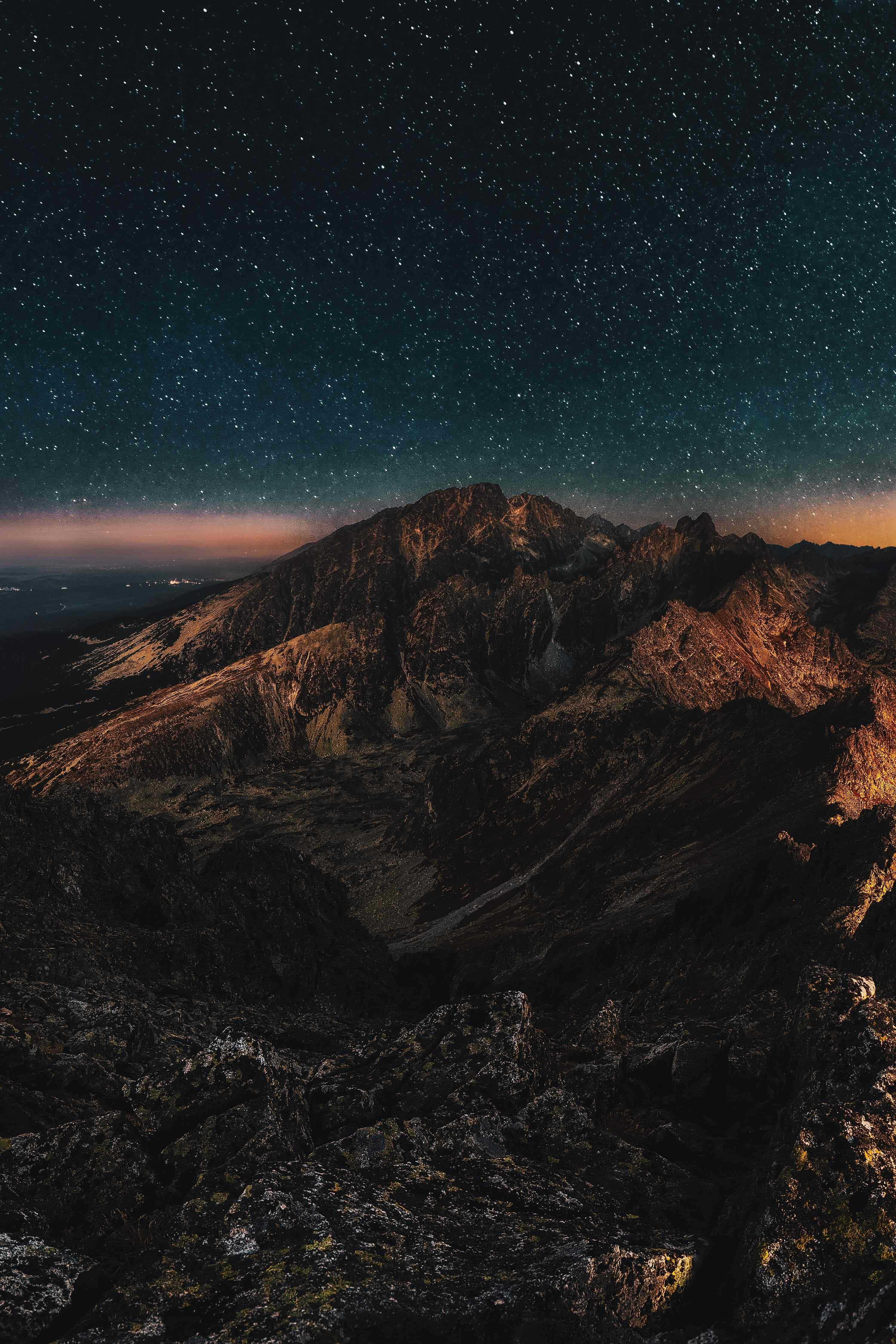 Retina Display, starry night sky, jagged mountain peaks, 4K Phone Wallpaper