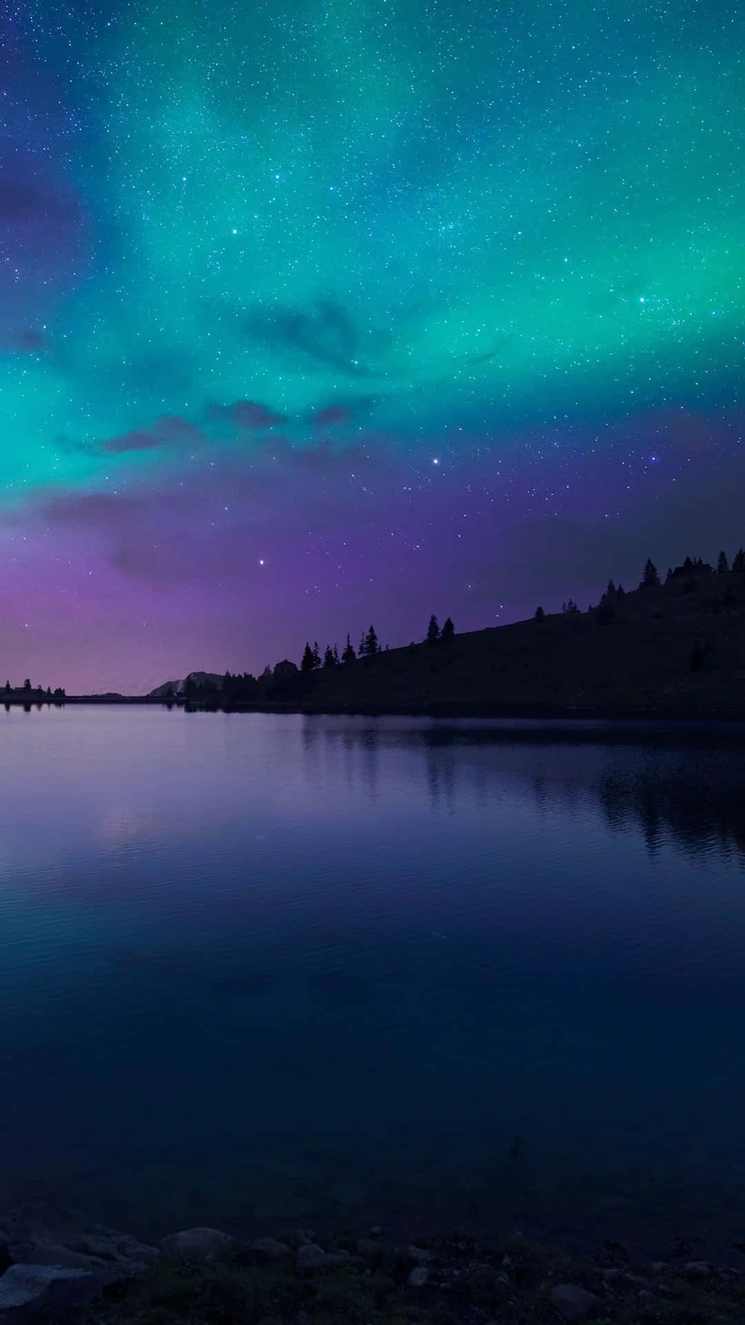 Retina Display, aurora borealis, starry purple and teal night sky, Full HD Phone Wallpaper