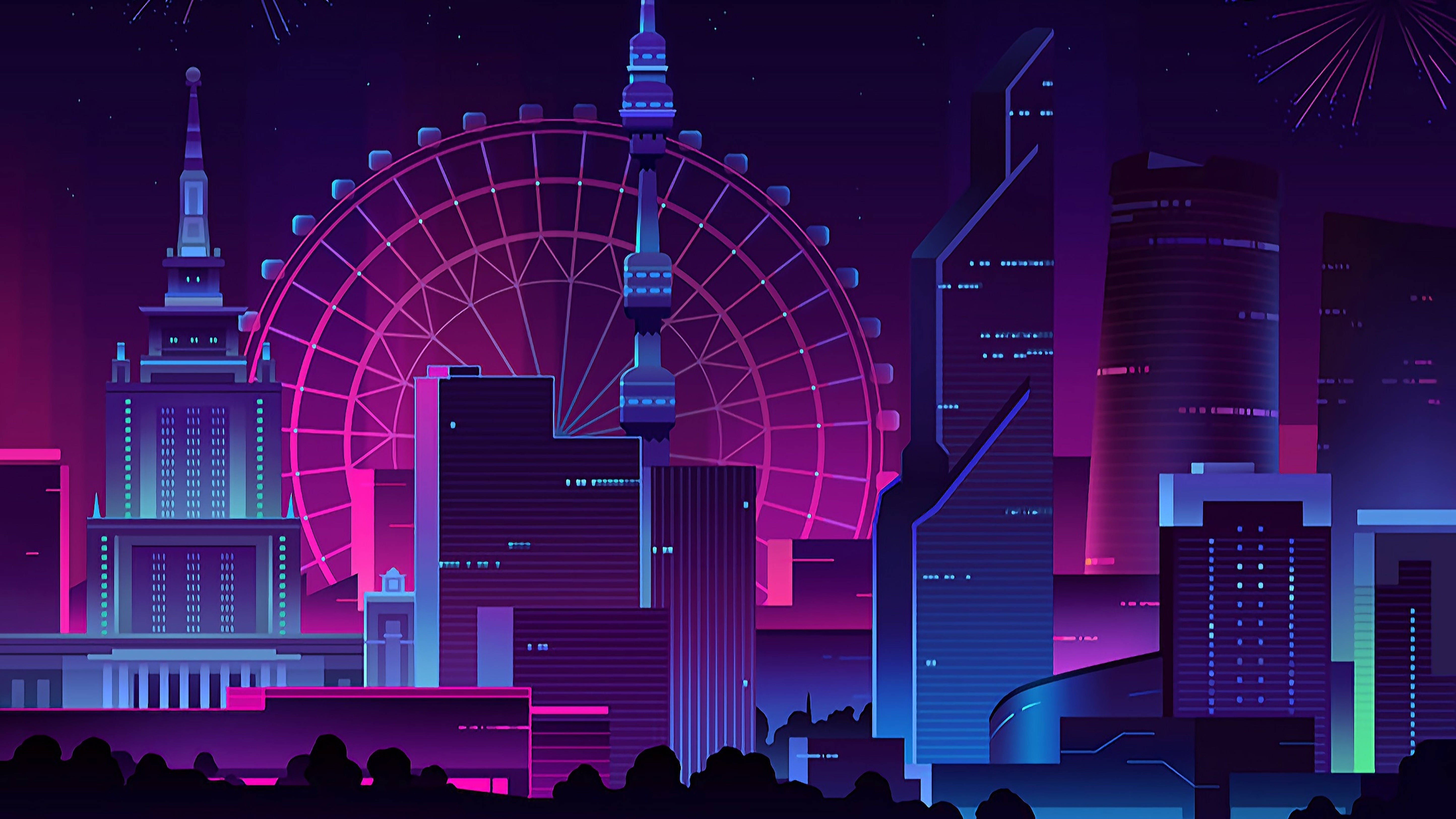 Ferris wheel, neon-drenched futuristic cityscape, glowing pink Ferris wheel, 5K Desktop Wallpaper