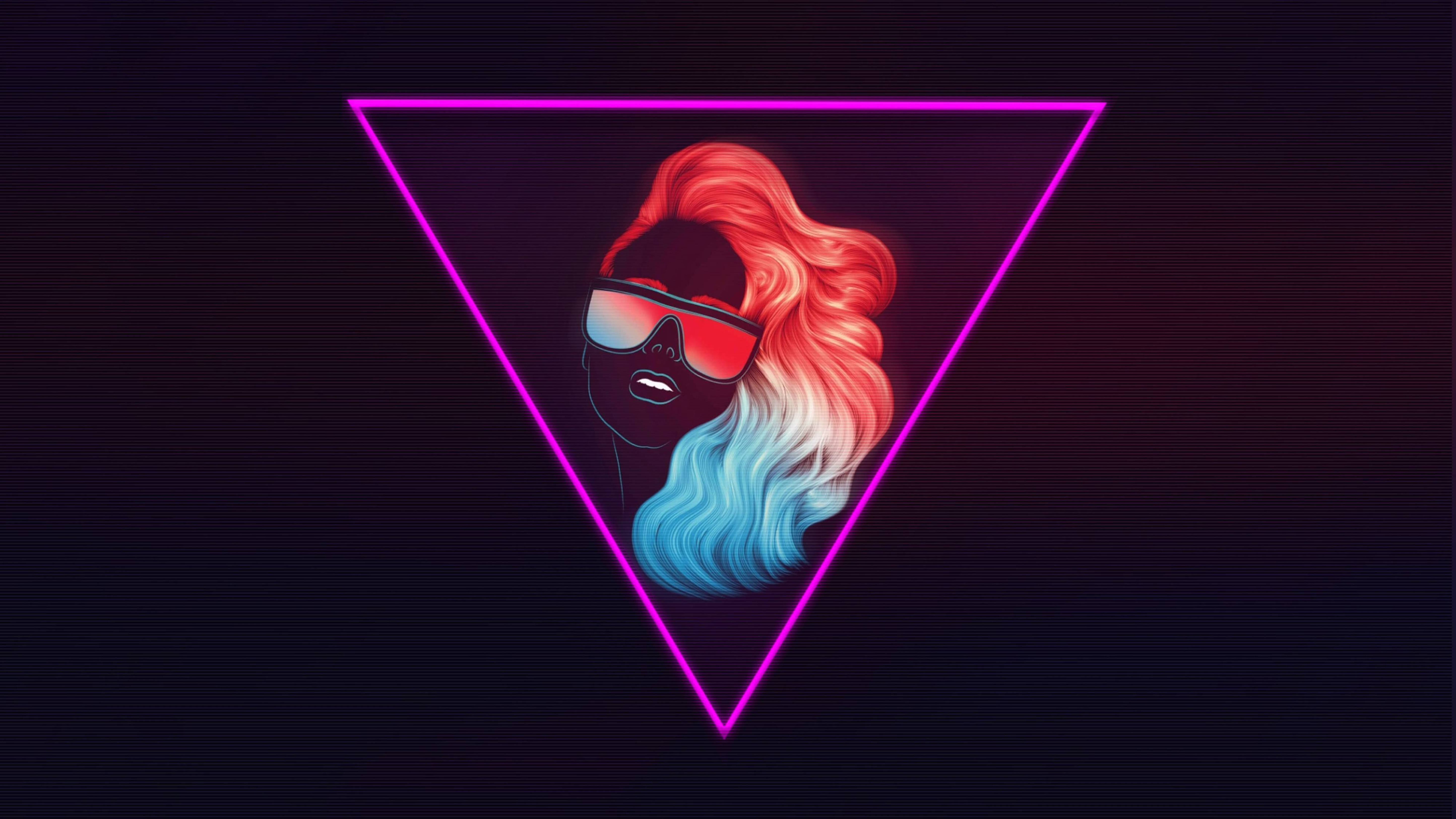 Retro Neon Portrait Art 4K, red and blue hair, sunglasses, 5K Desktop Wallpaper