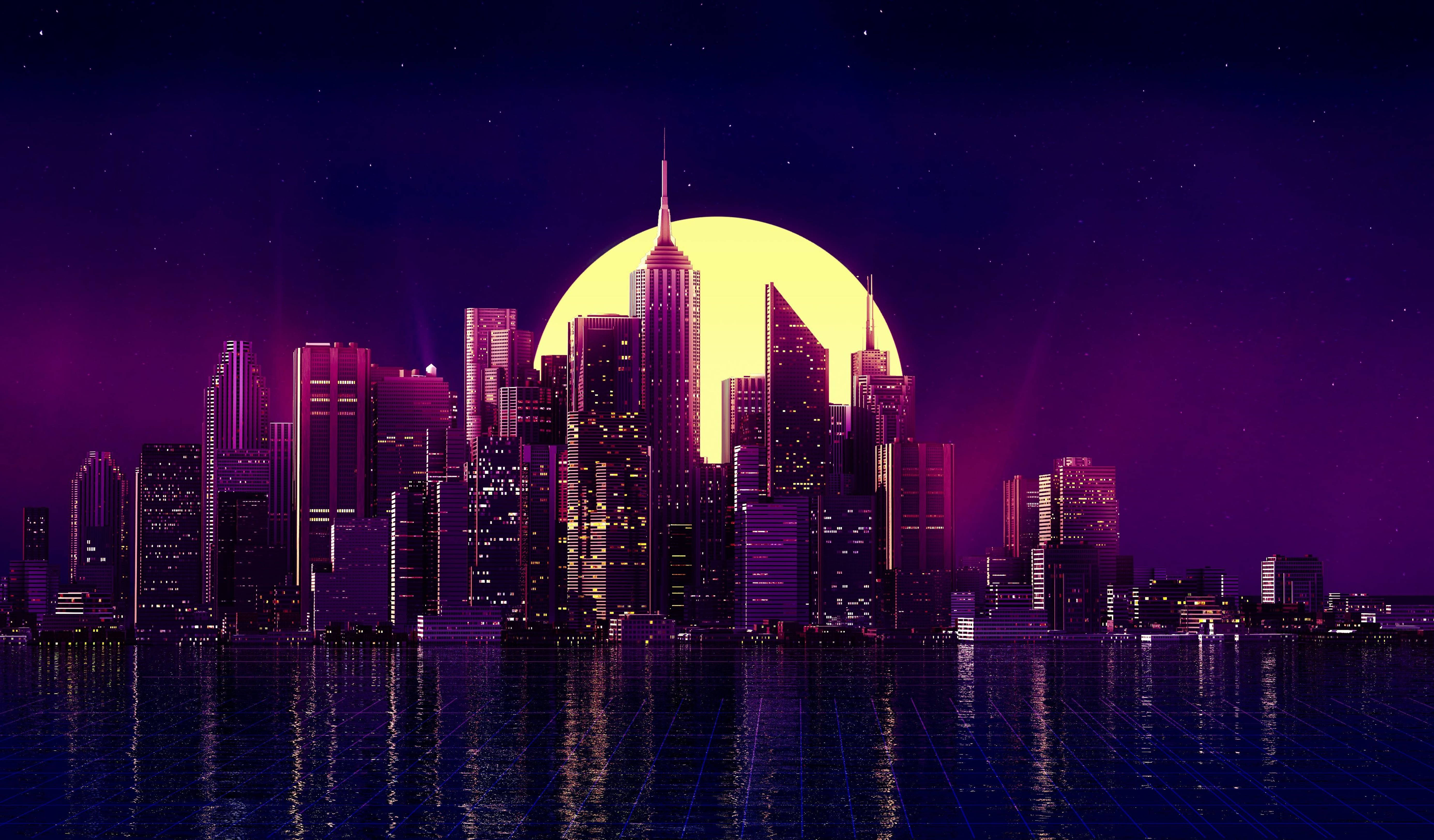 Retro Futuristic City Skyline, neon-drenched, giant glowing yellow moon, 5K Desktop Wallpaper