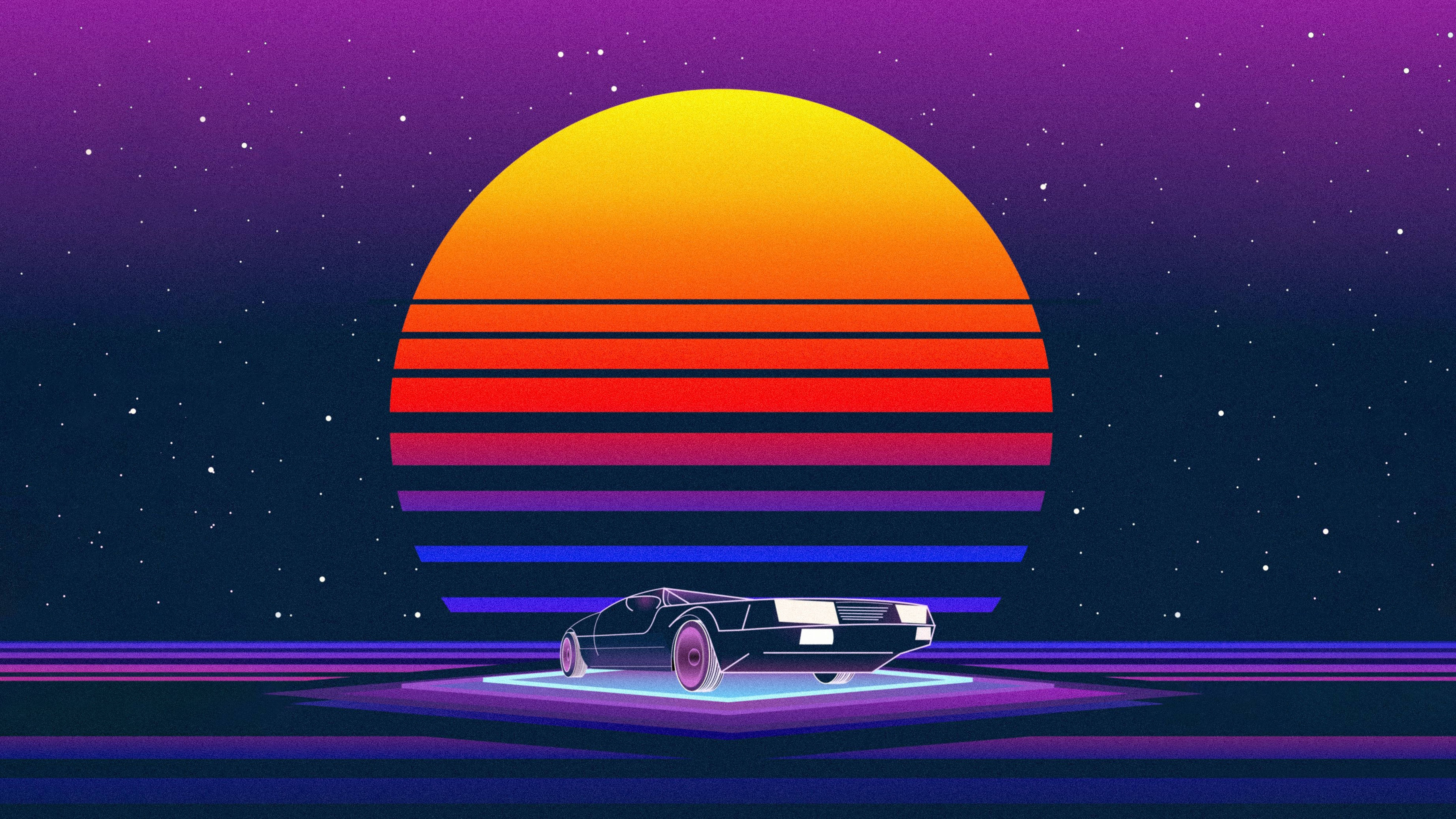 retro futuristic black car, striped sunset, starry purple sky, 5K Desktop Wallpaper