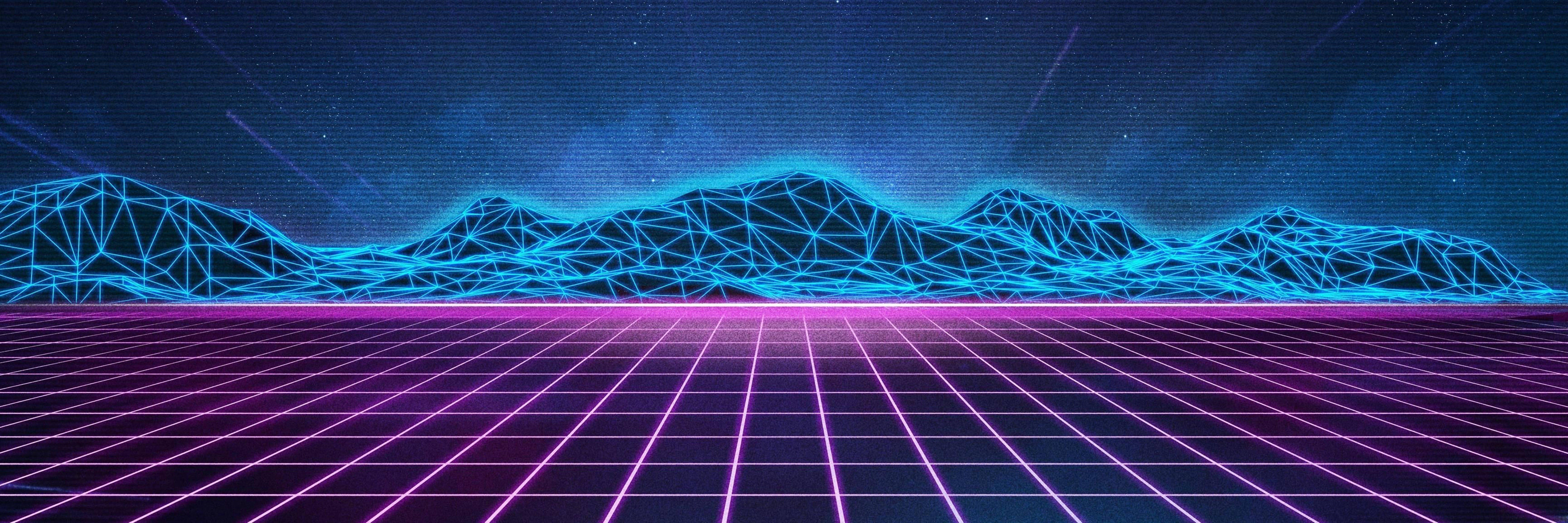 neon grid floor, glowing blue wireframe mountains, starry digital sky, 8K Desktop Wallpaper