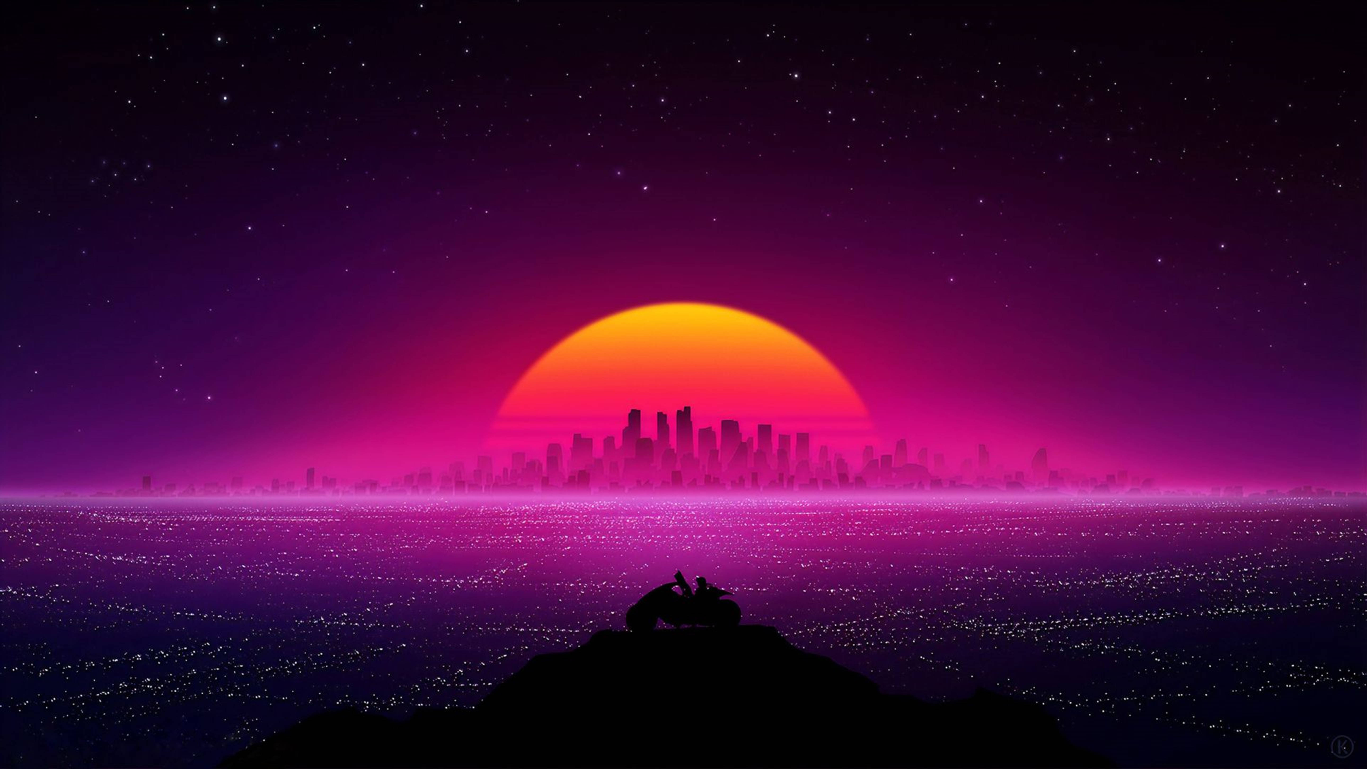 Retrowave City Landscape 4K, glowing orange sun, starry purple sky, 5K Desktop Wallpaper