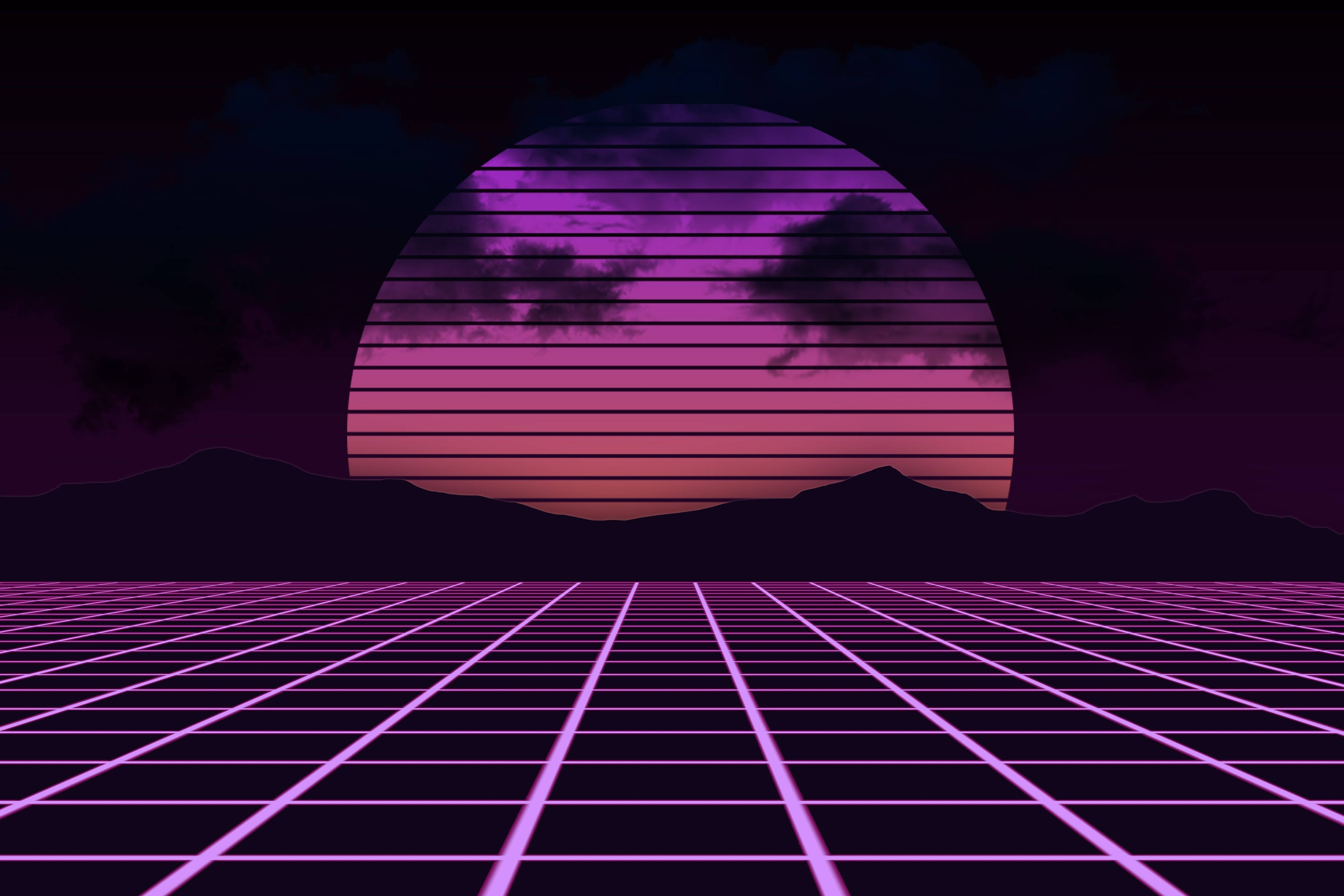 retrowave, neon grid, vibrant purple sunset, 4K Desktop Wallpaper