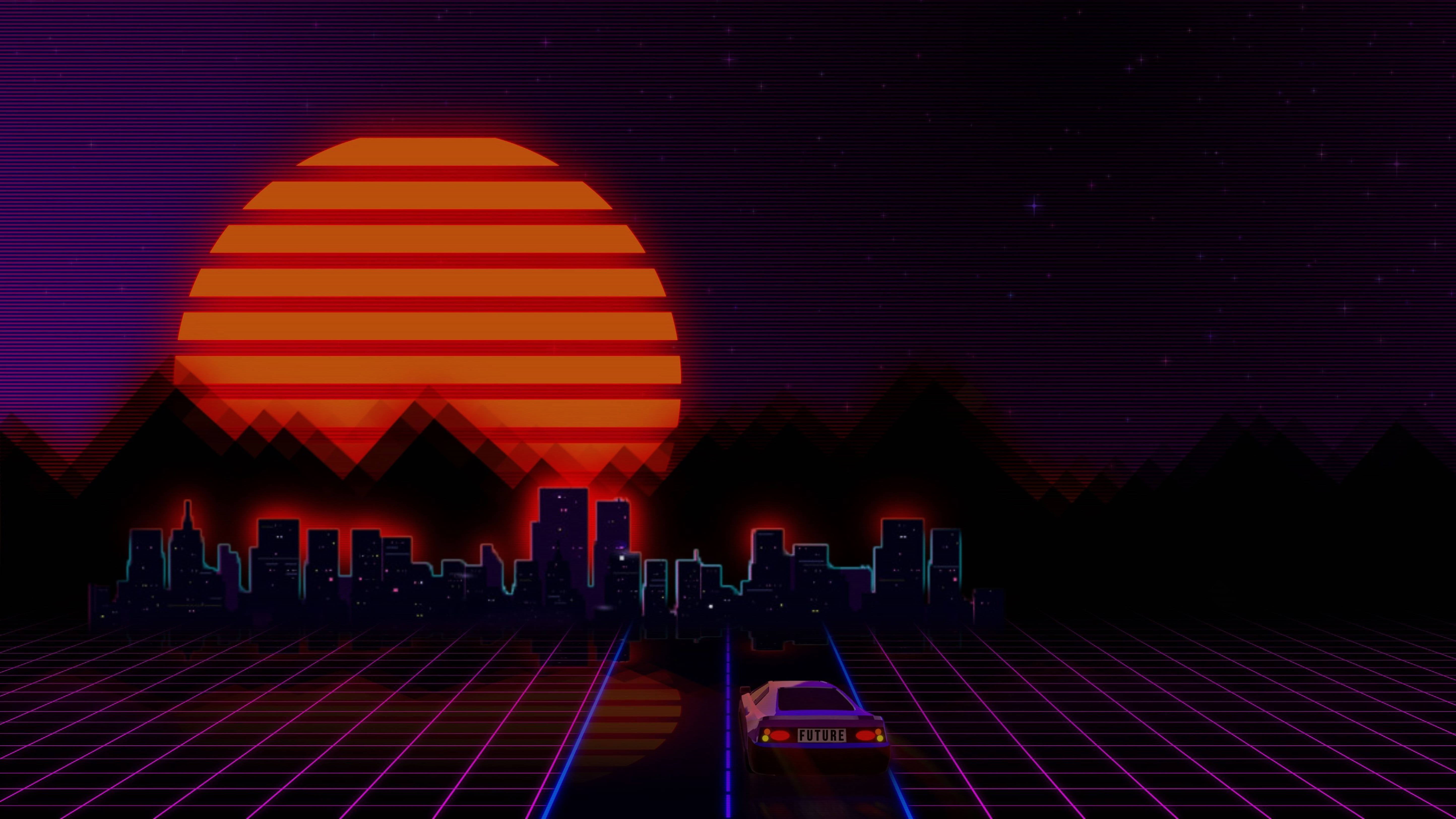 Retro Wave Cityscape Sunset 4K, glowing grid, neon cityscape, 5K Desktop Wallpaper