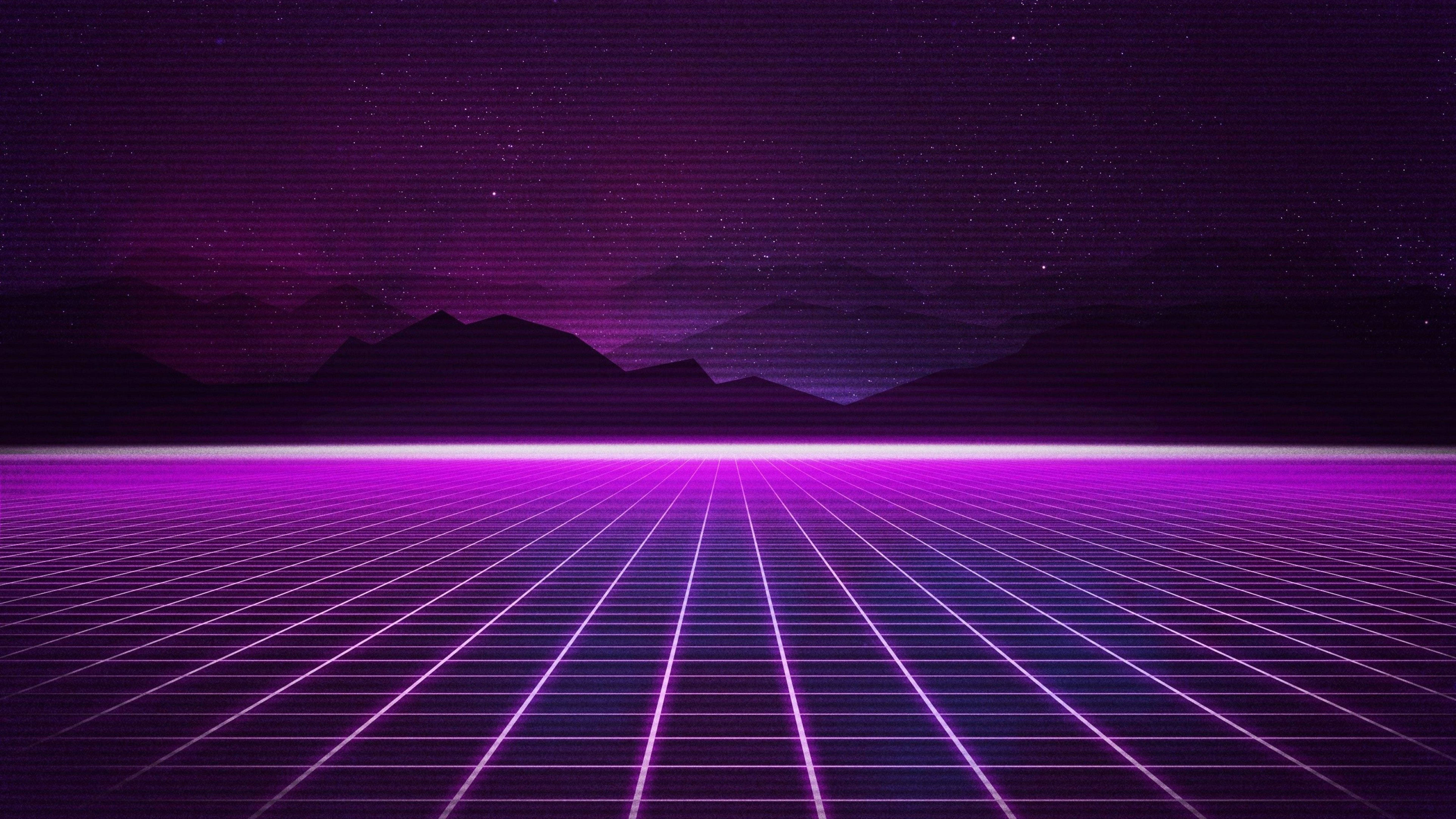 Retro Dark Field Purple Neon 4K, purple grid, distant mountains, 5K Desktop Wallpaper