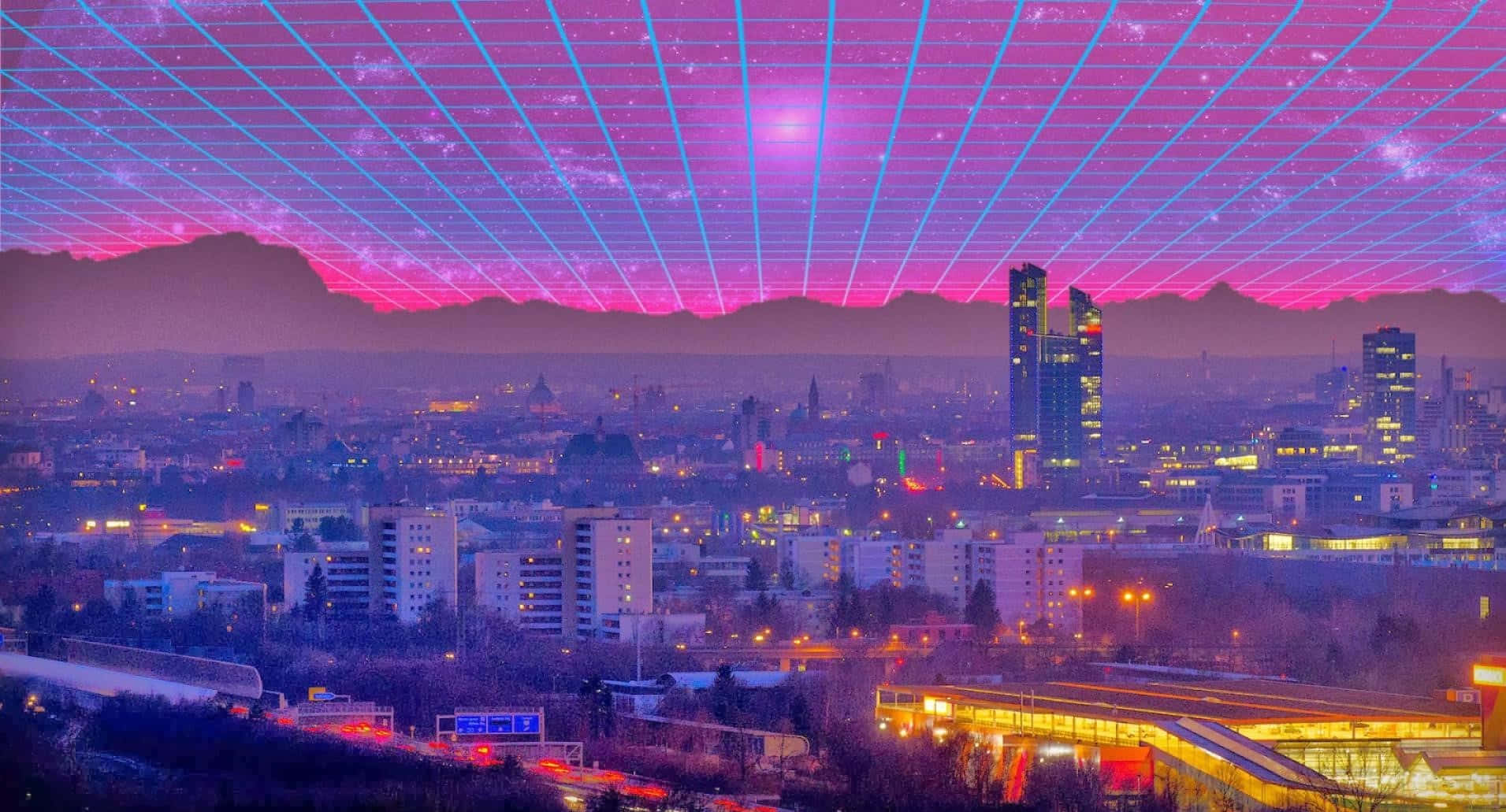 aesthetic retro laptop, futuristic cityscape, dusk, HD Desktop Wallpaper