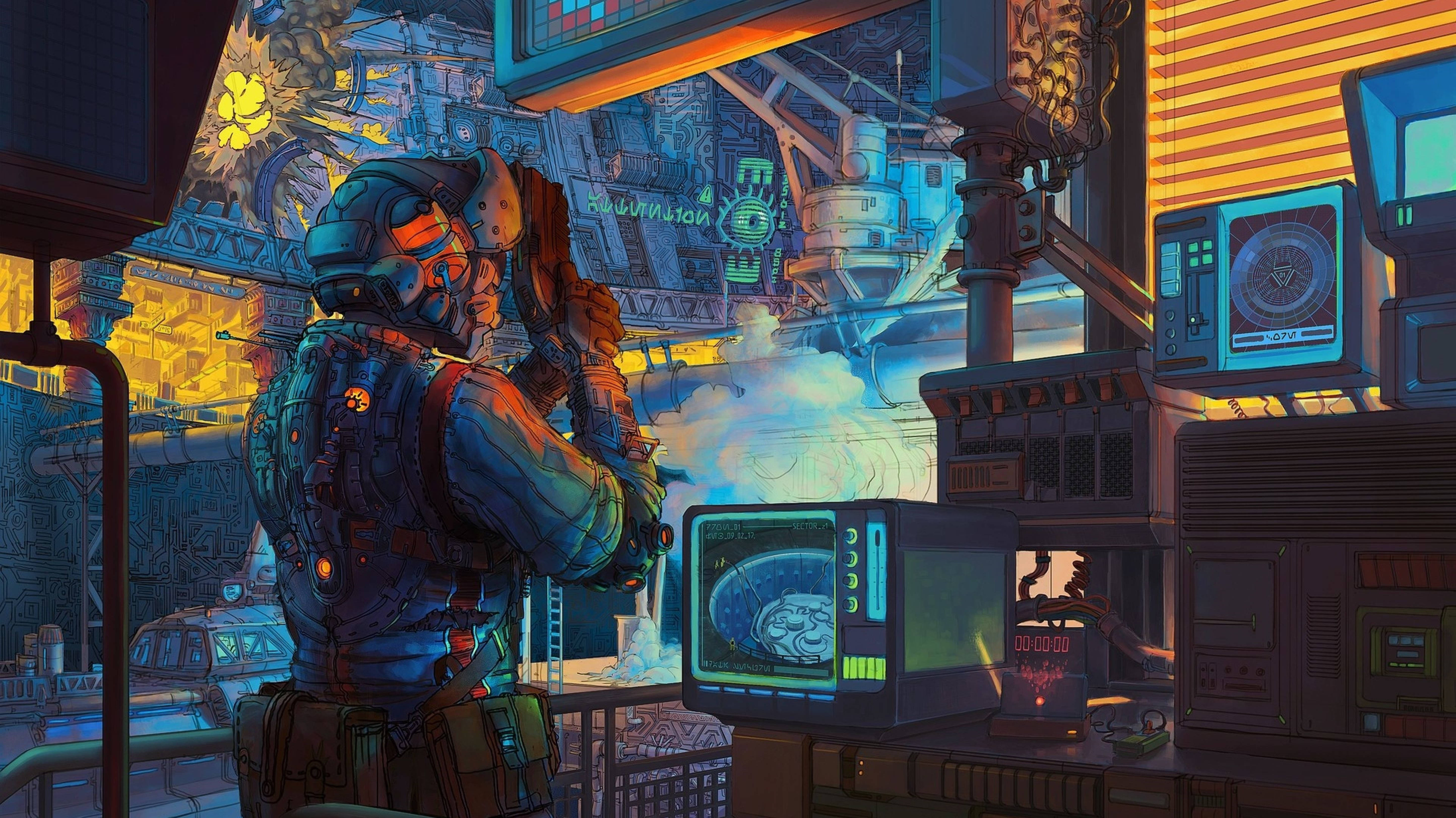 Retro Cyberpunk Warehouse Art 4K, neon-lit cyberpunk lab, futuristic soldier, 5K Desktop Wallpaper