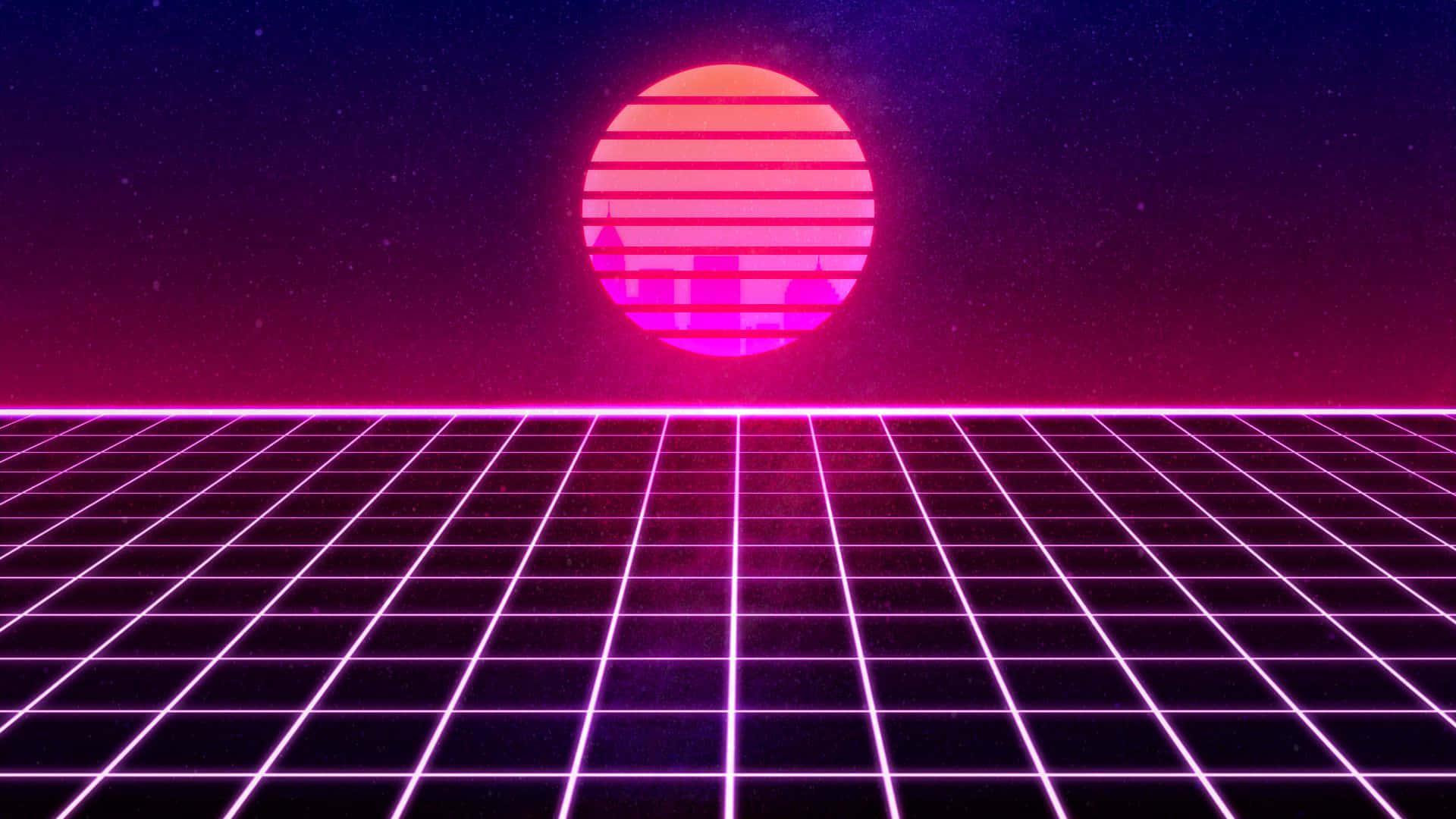 neon grid floor, glowing pink sunset, futuristic city skyline, Full HD Desktop Wallpaper