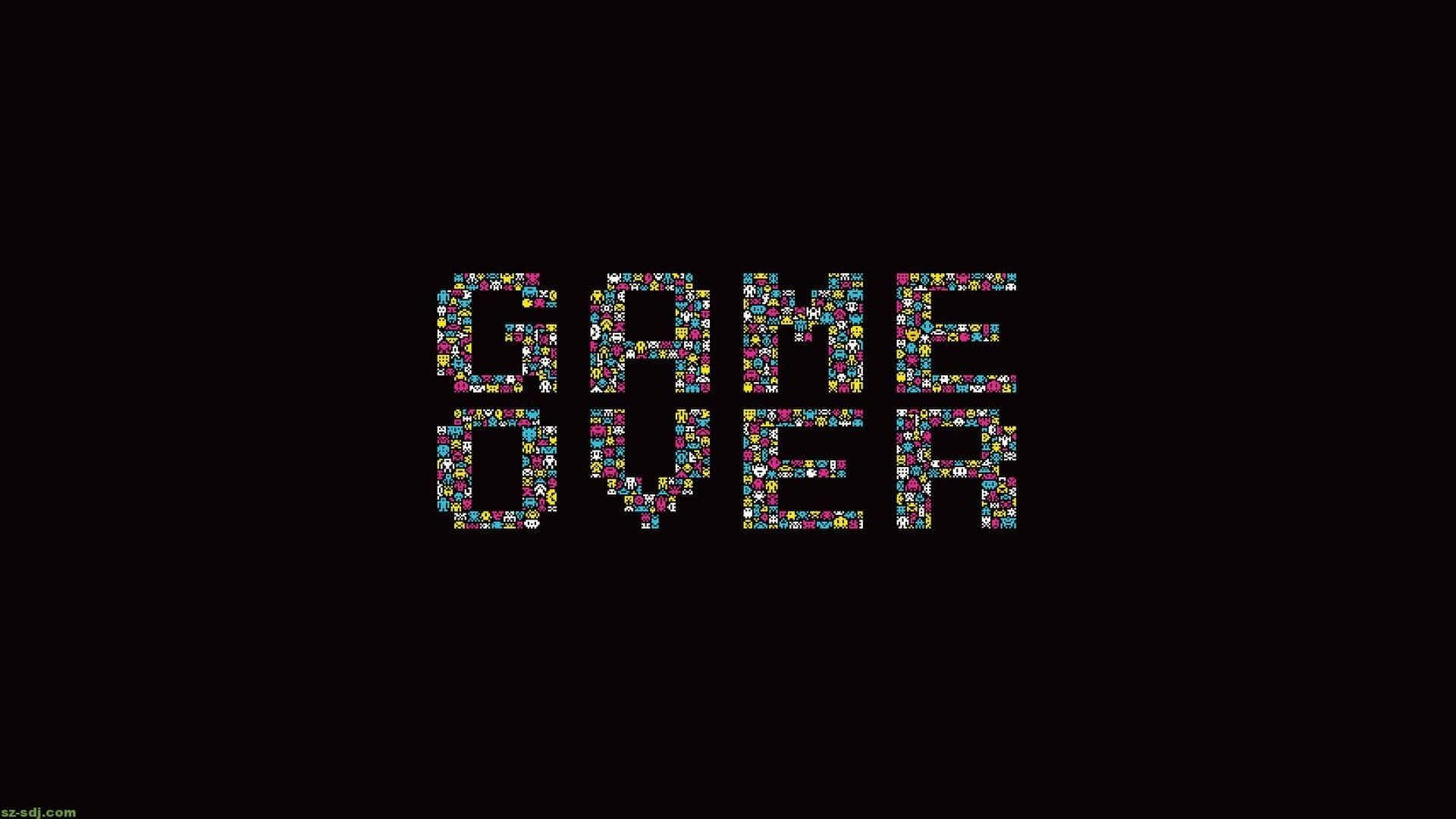 GAME OVER, pixelated game icons, black background, Full HD Desktop Wallpaper