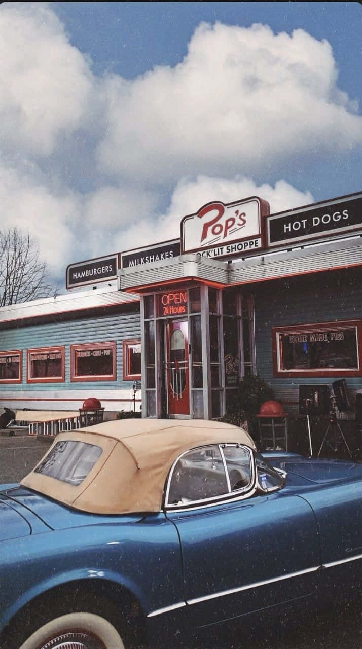 Retro 80s Aesthetic, vintage blue convertible, retro diner, HD Phone Wallpaper