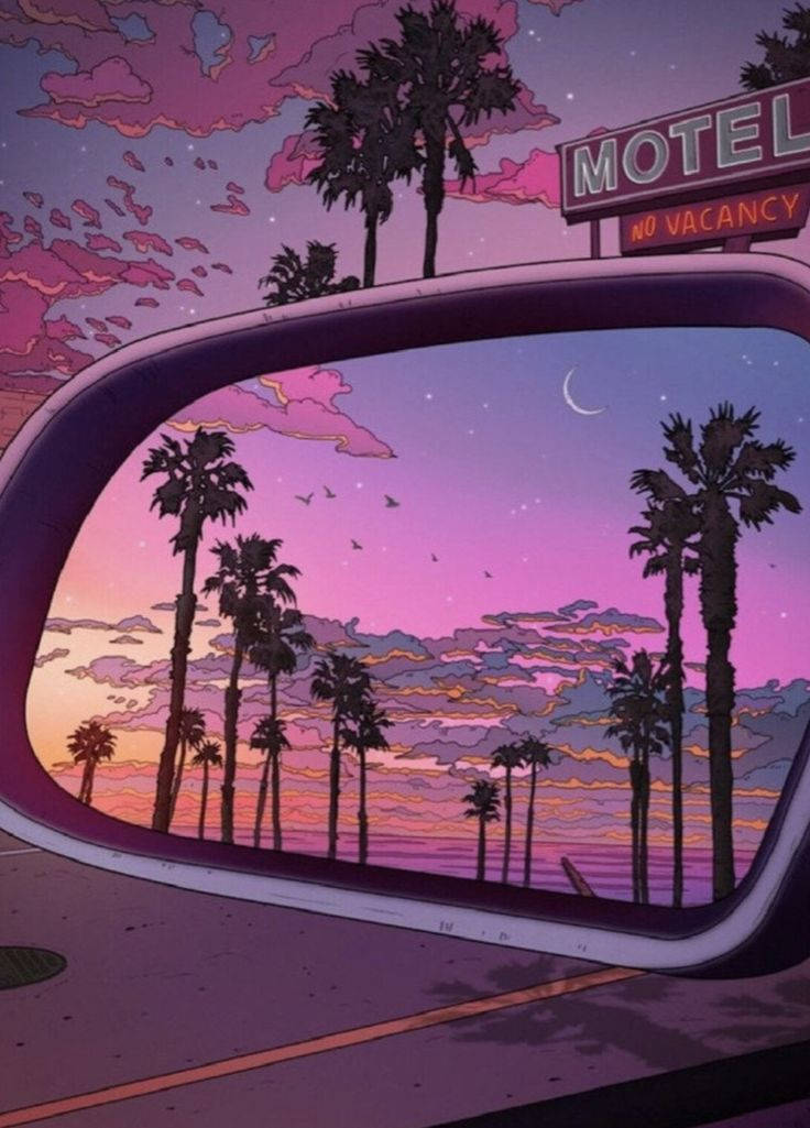80s anime aesthetic, palm trees, surreal pink sunset, SD Phone Wallpaper